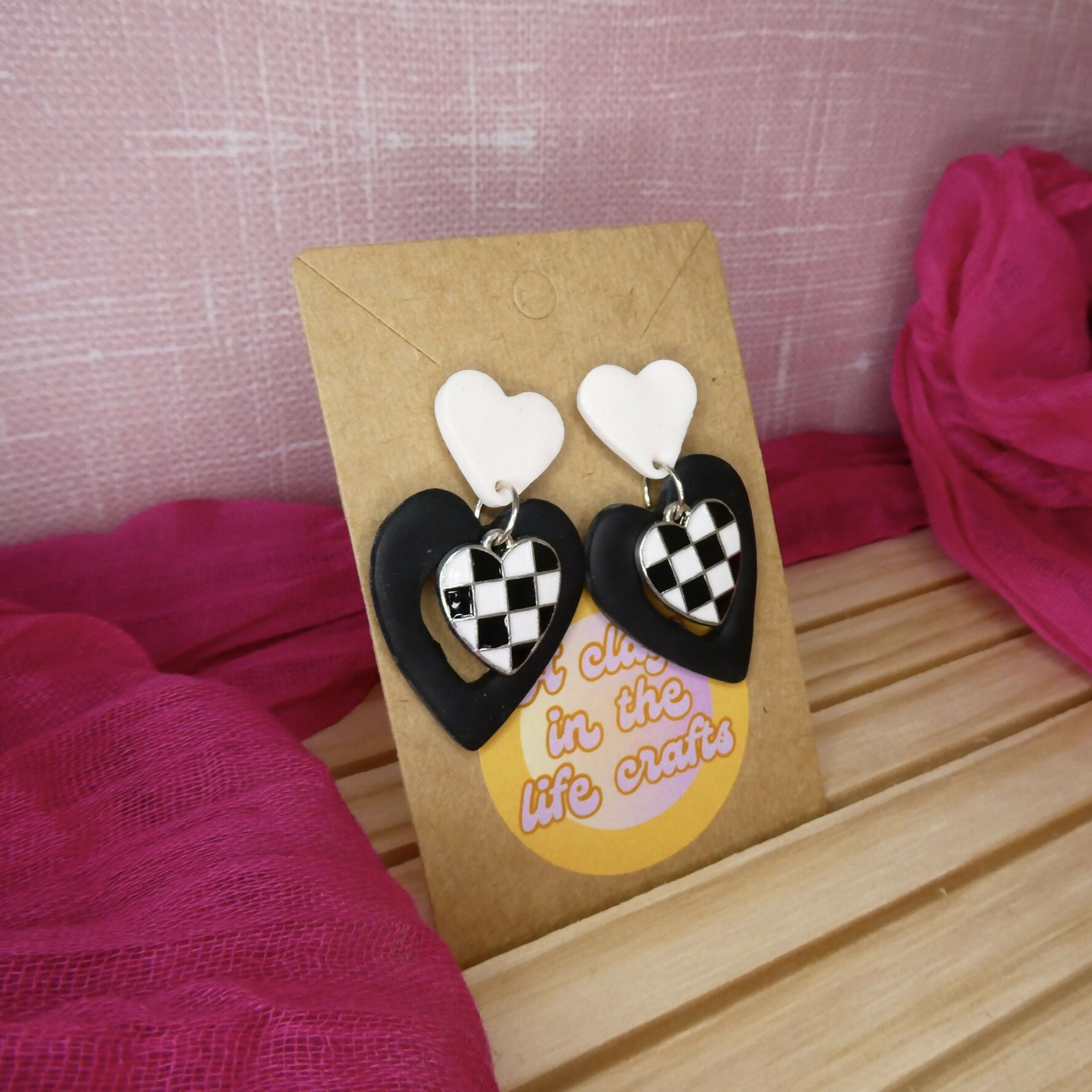 Black And White Heart Polymer Clay Earrings With Check Heart Charm