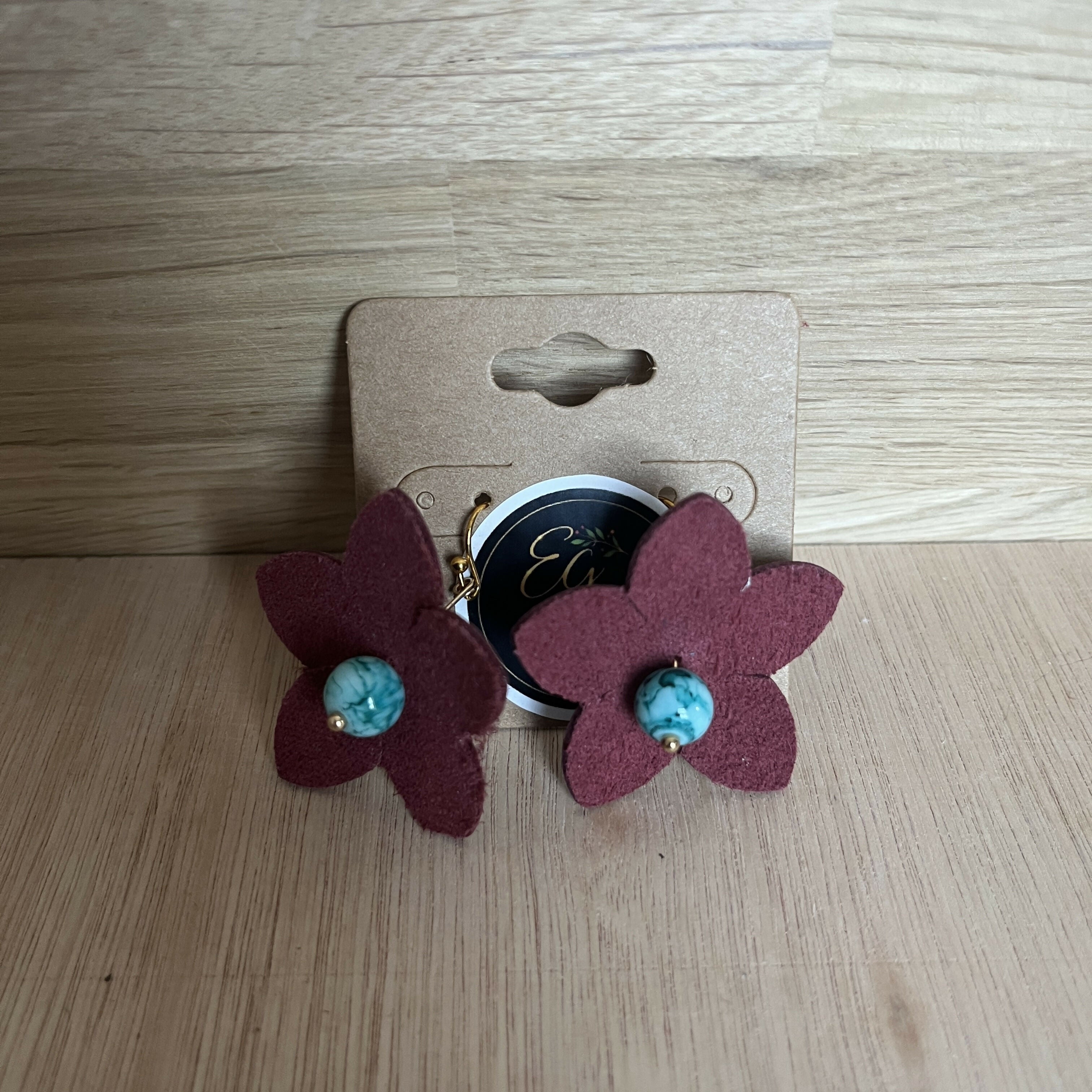 Forest Whisper – Burgundy Leather Flower Earrings with Blue Stone