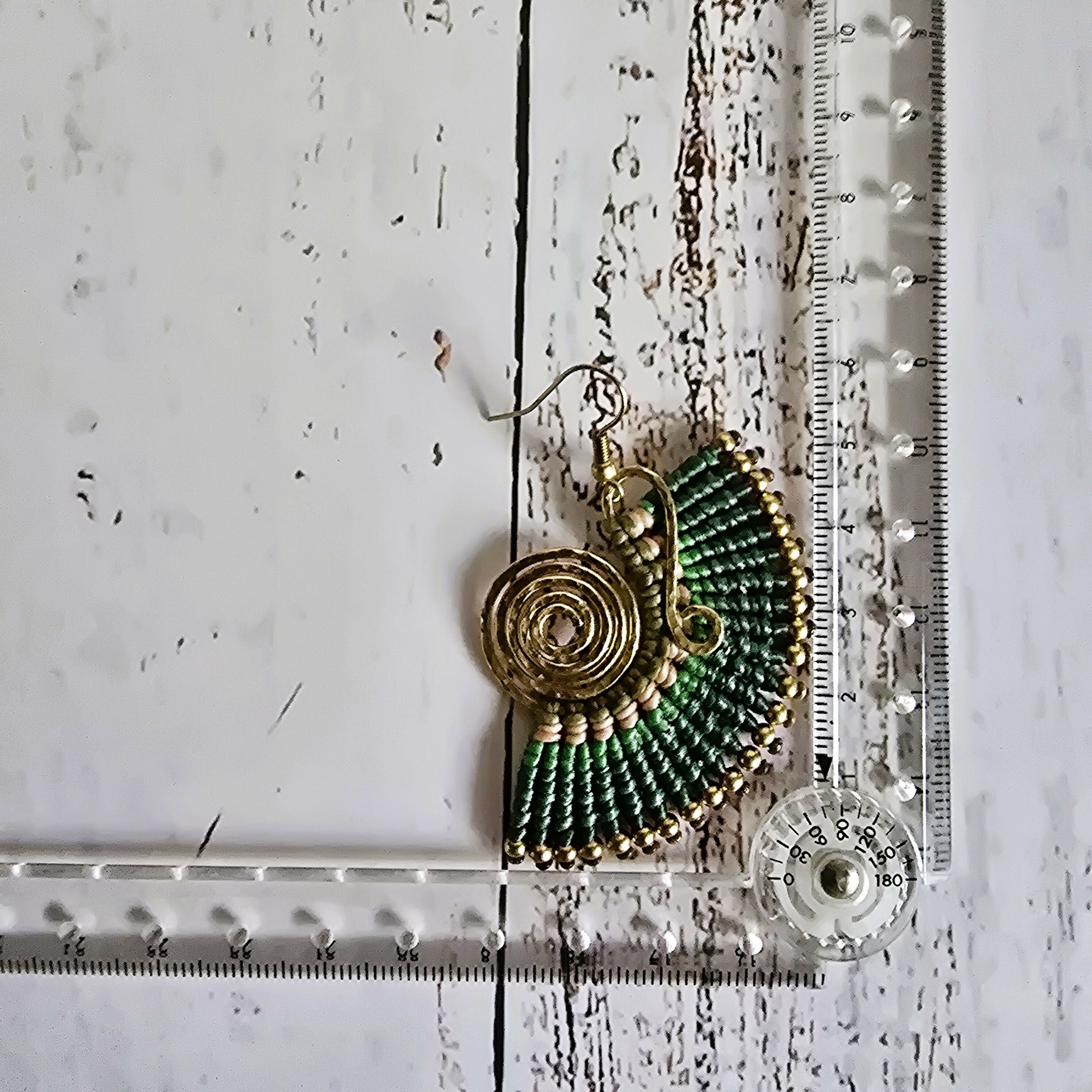 Green Fan Macrame Earrings; Ear Jacket Style Boho Nature Bold Statement Gold Spiral Earrings