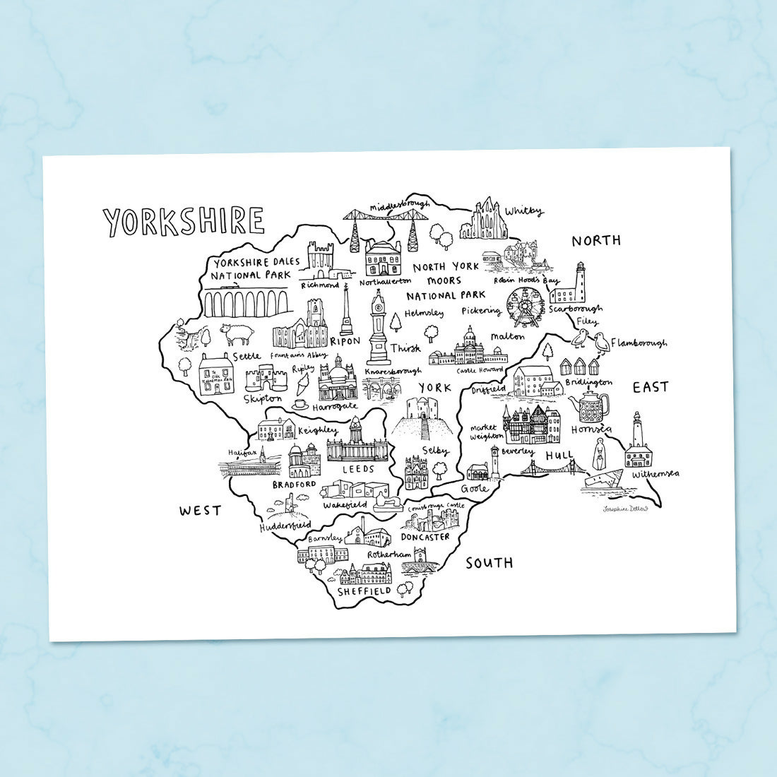 Yorkshire Map A4 Print - Black and White Line Drawing Illustration
