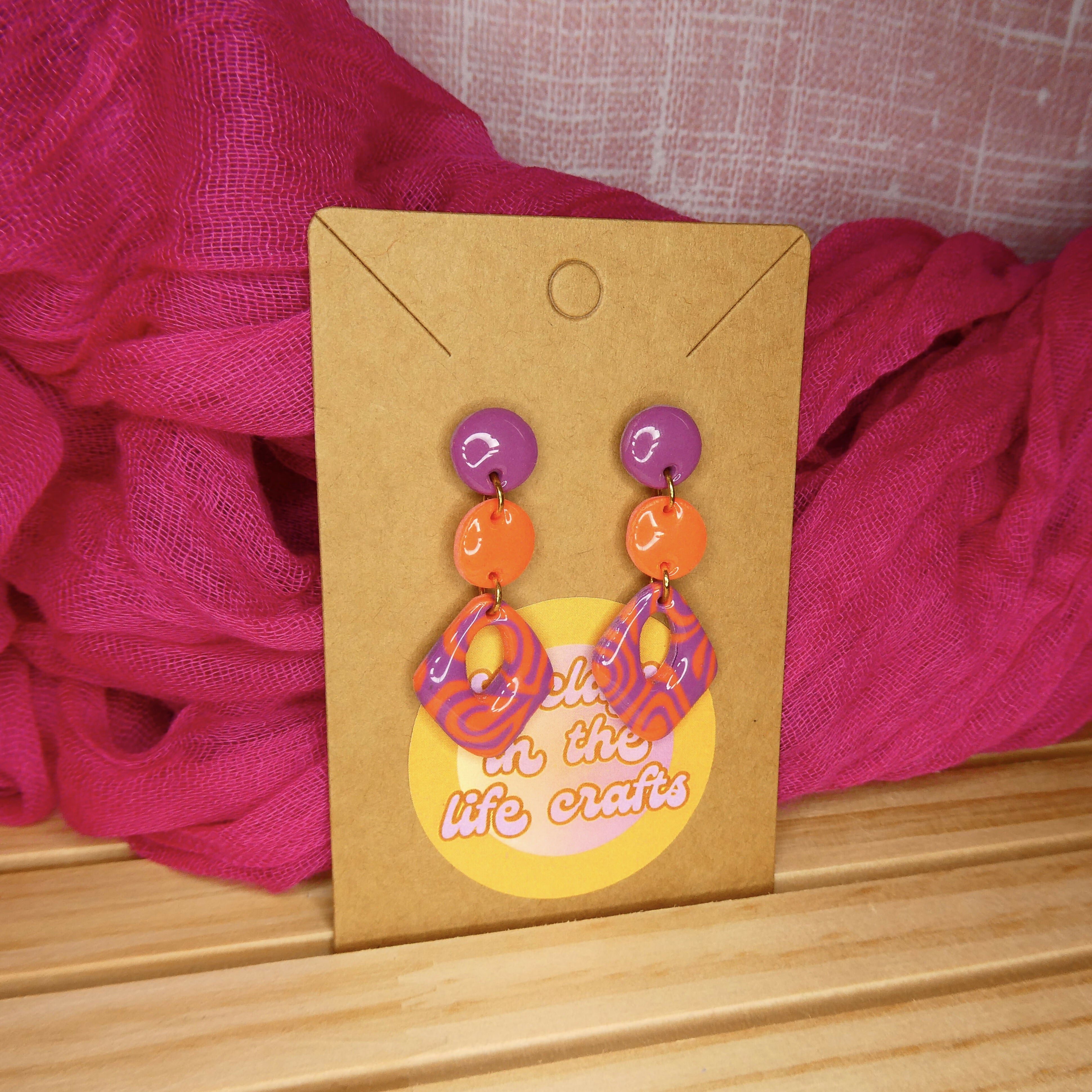 Coral And Purple Swirly Dangle Polymer Clay Earrings