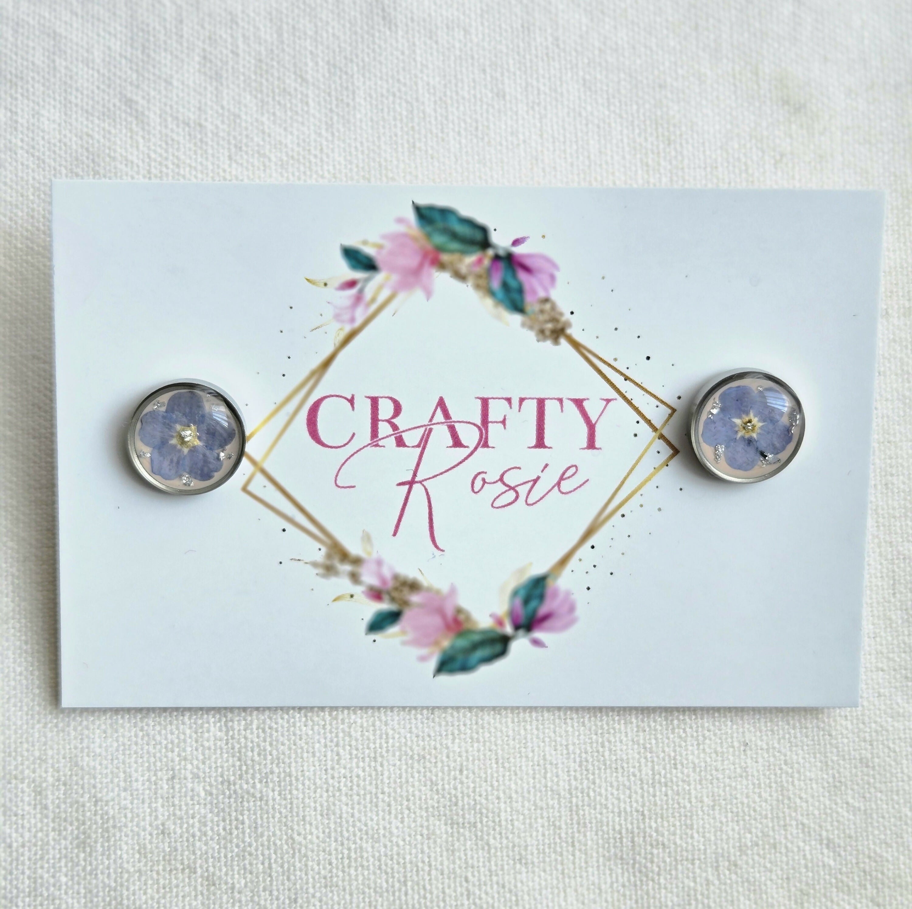 Stainless Steel Real Dried Forget Me Not Stud Earrings