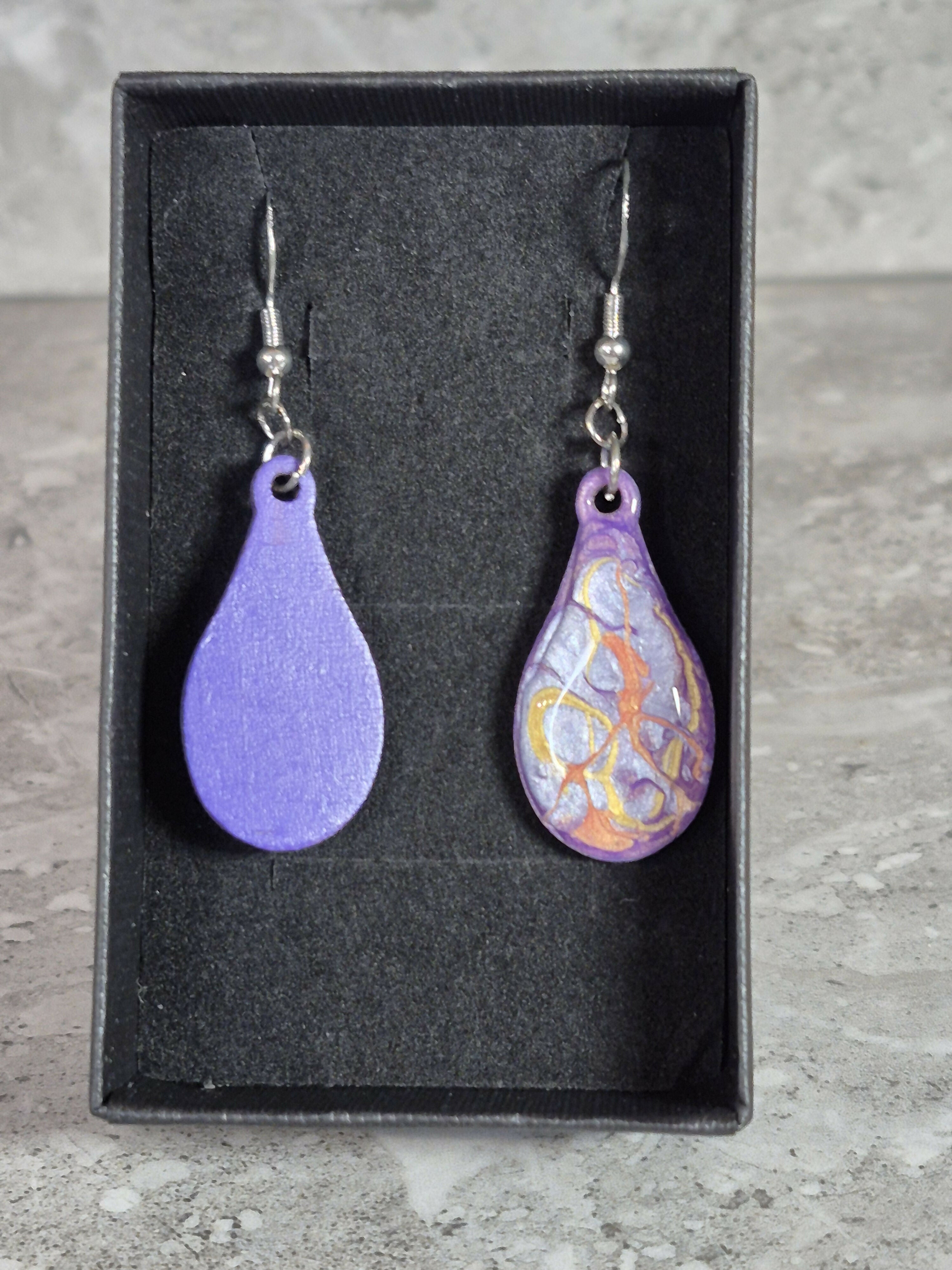 Handcrafted Tear Drop Purple, Silver, Gold And Orange Earrings
