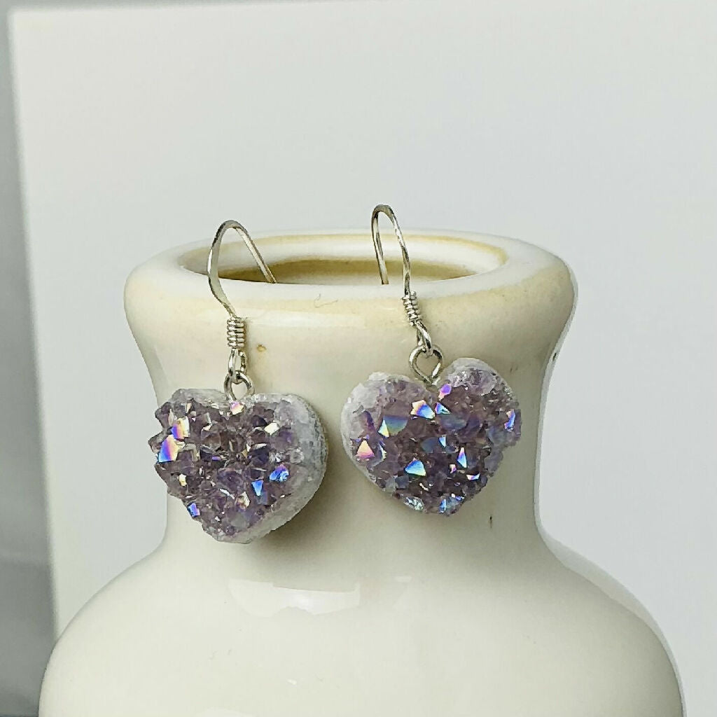 Sterling Silver and Raw Amethyst Heart Dangle Earrings