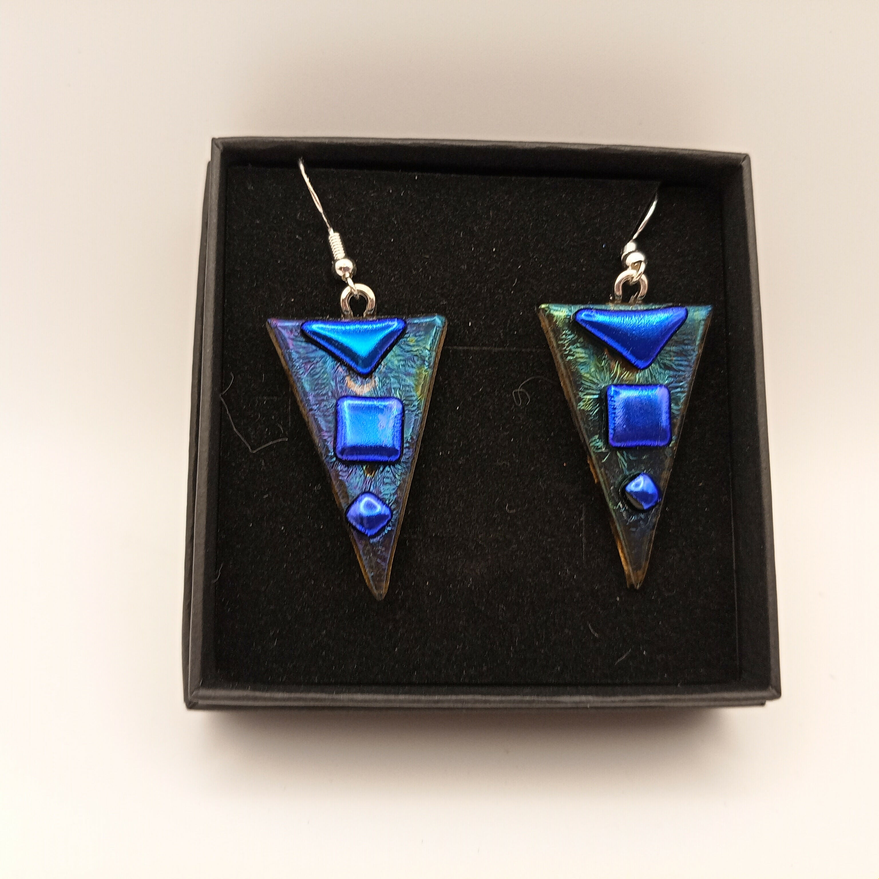 Triangular Earrings with Blue Dichroic