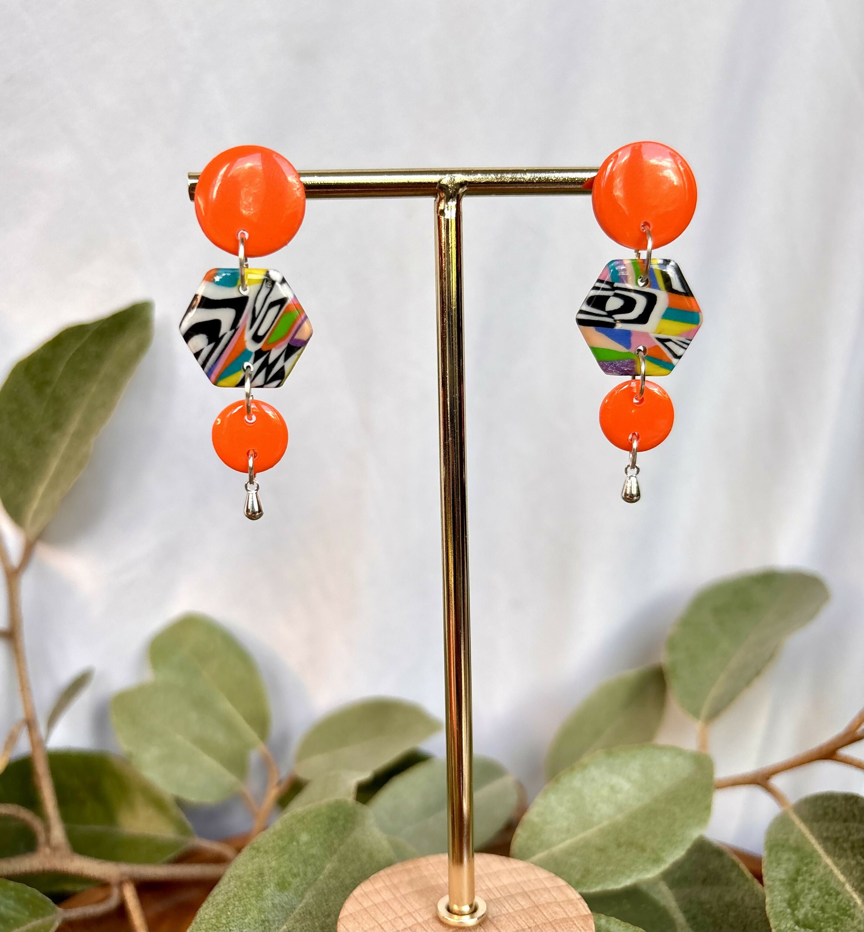 Funky Pattern Collection - Orange Droplet Polymer Clay Earrings