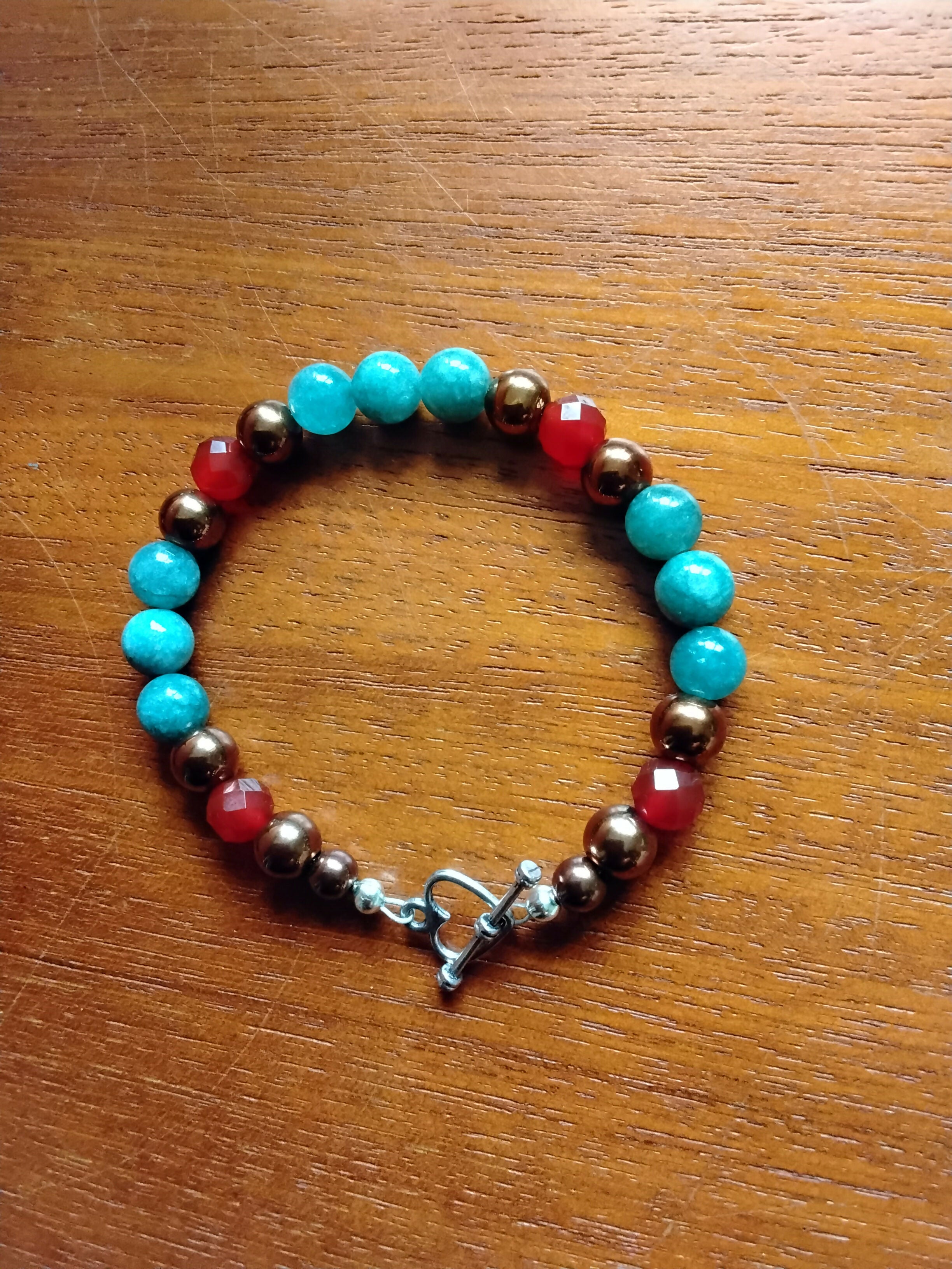 Tibetan silver Toggle Catch Bracelet with Copper Hematite, Faceted Carnelian & Dusky Blue Chalcedony