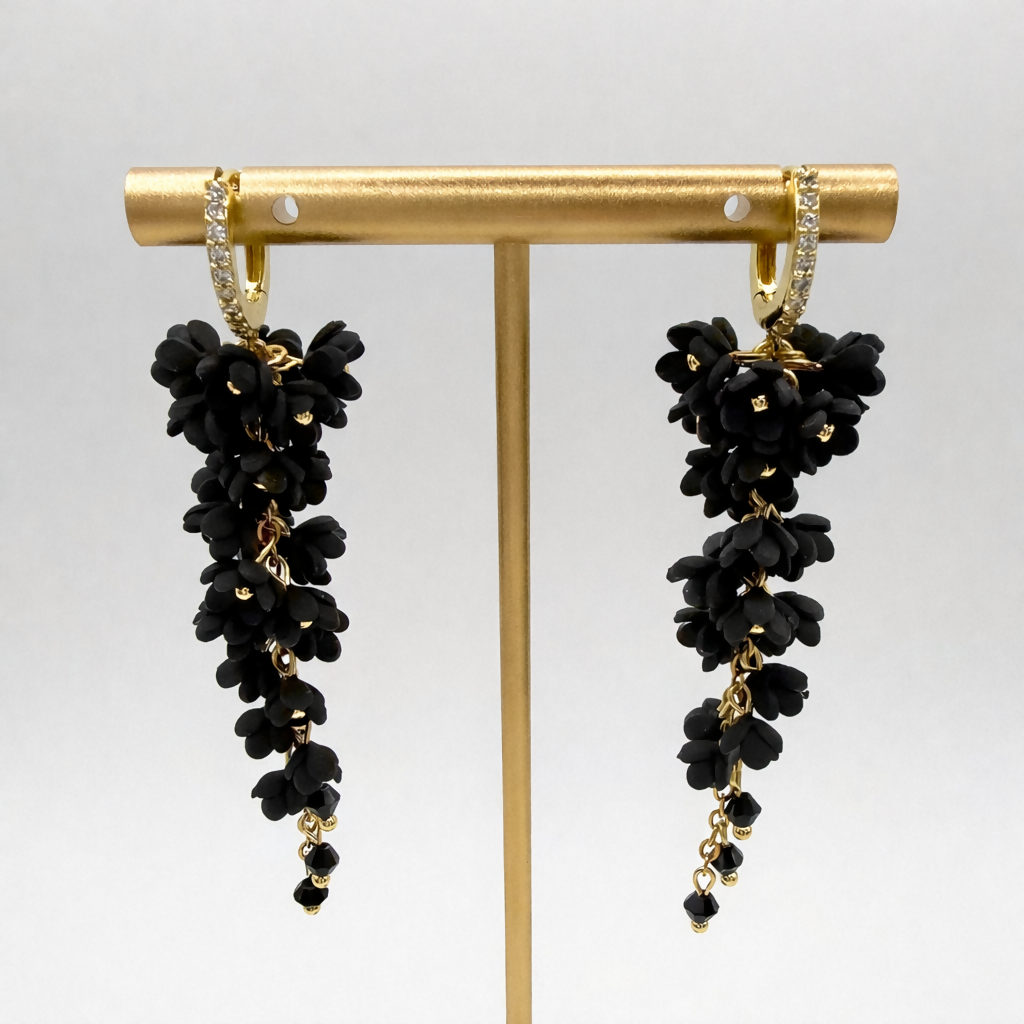 Cascading Flower Drop Earrings with Mini Floral Clusters in Black
