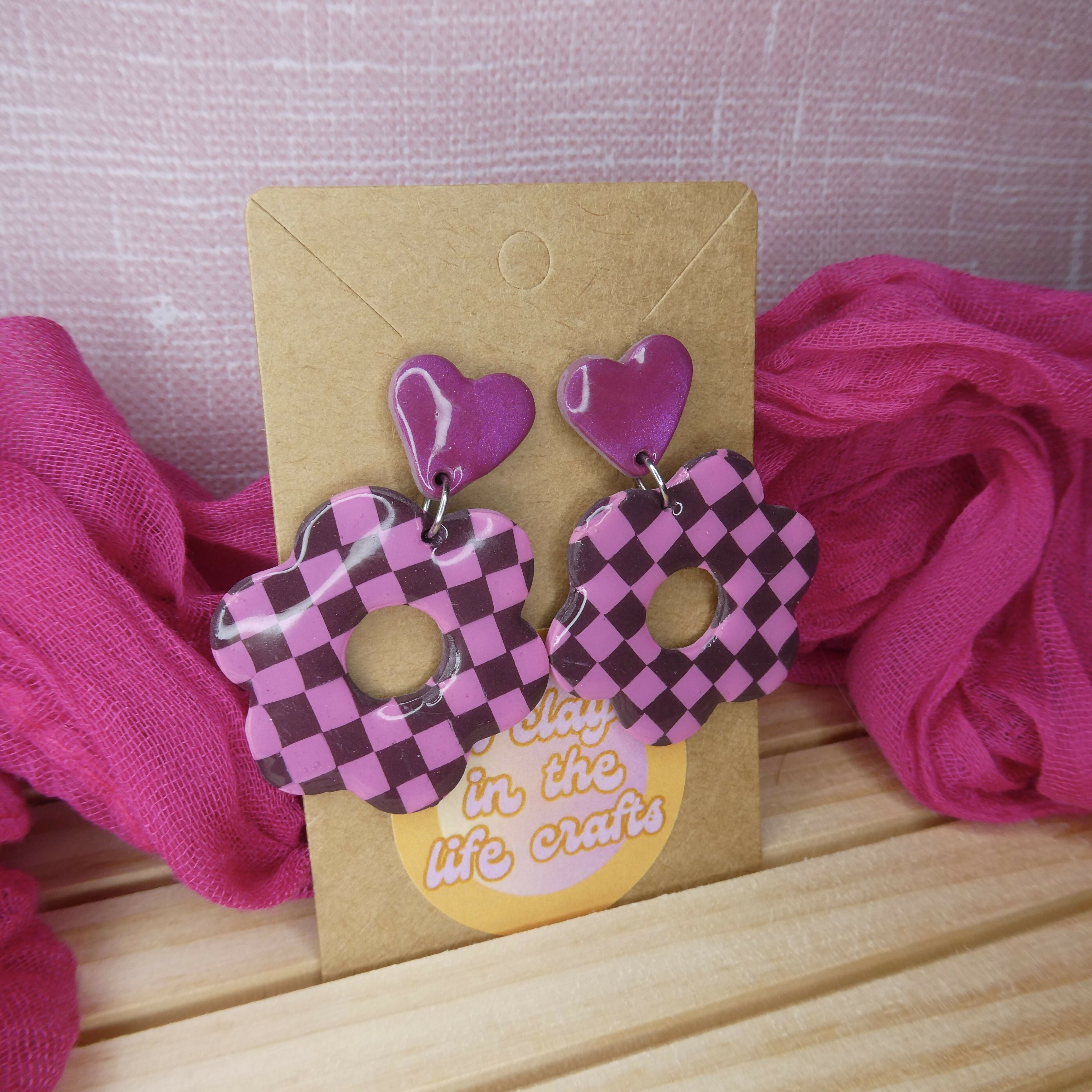 Big Pink And Burgundy Check Flower Polymer Clay Earrings
