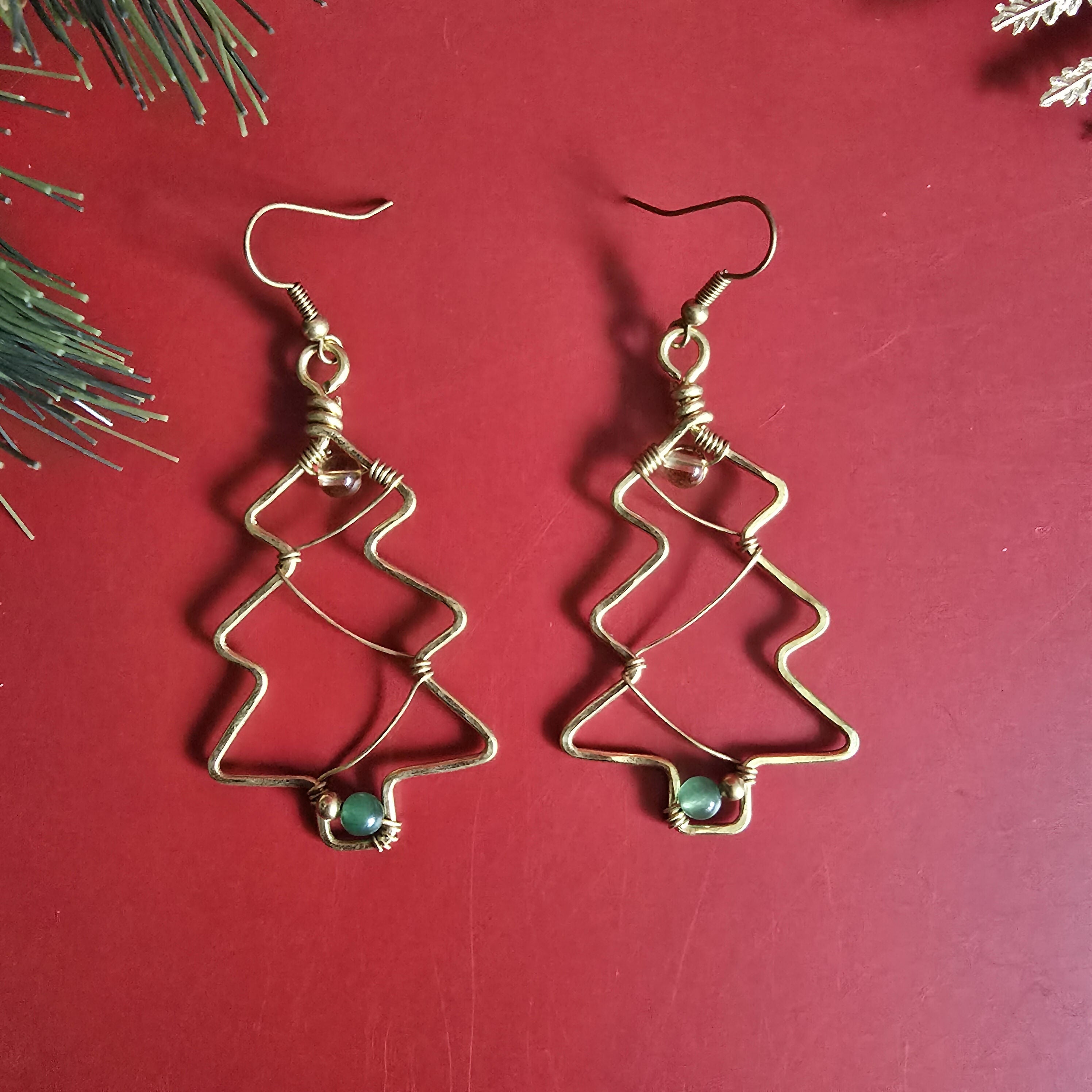 Christmas Tree Brass Wire Earrings; Jade Citrine Crystal Gold Handmade Festive Earrings