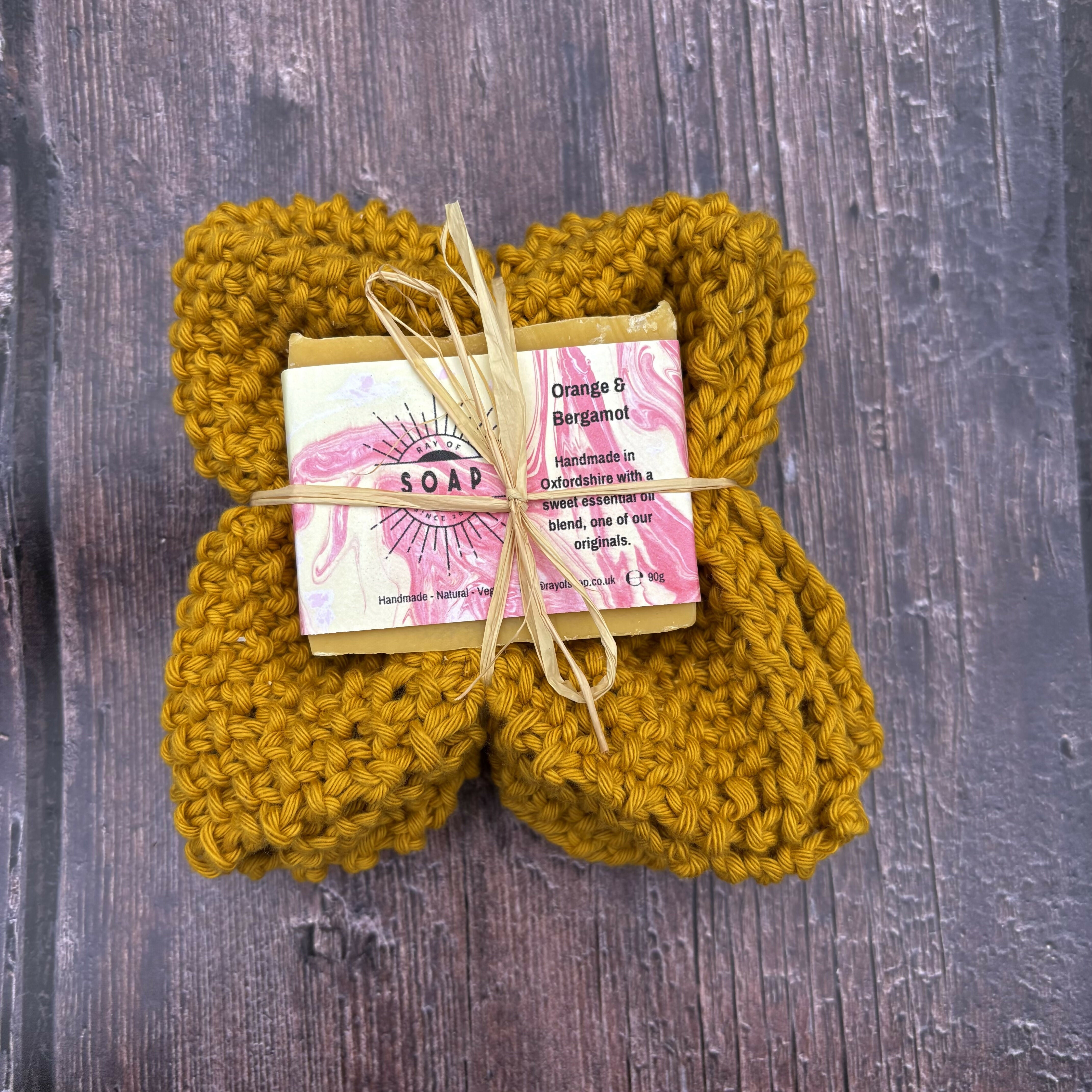 Hand Knitted Washcloth and Soap Bundle