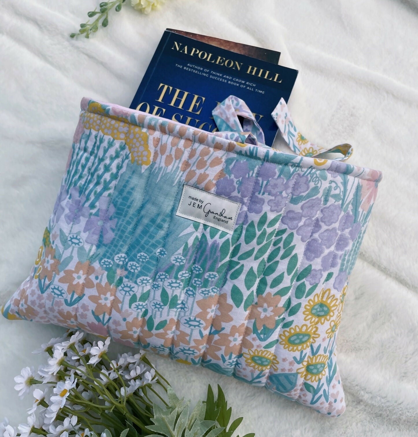 Handmade Quilted Book Sleeves with Ribbon Closure Meadow Prints