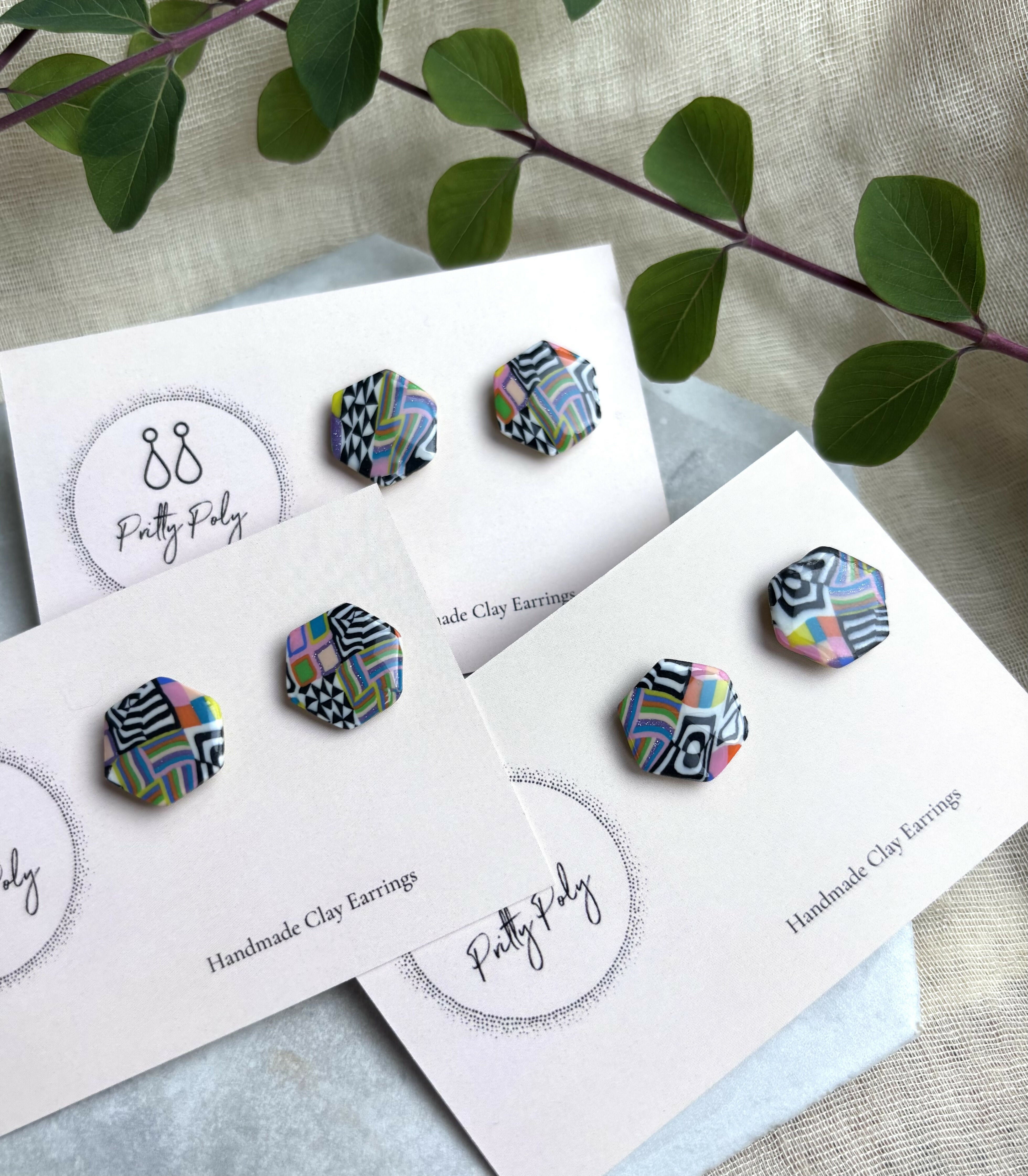 Colour, Black and Pattern Hexagon Polymer Clay Studs
