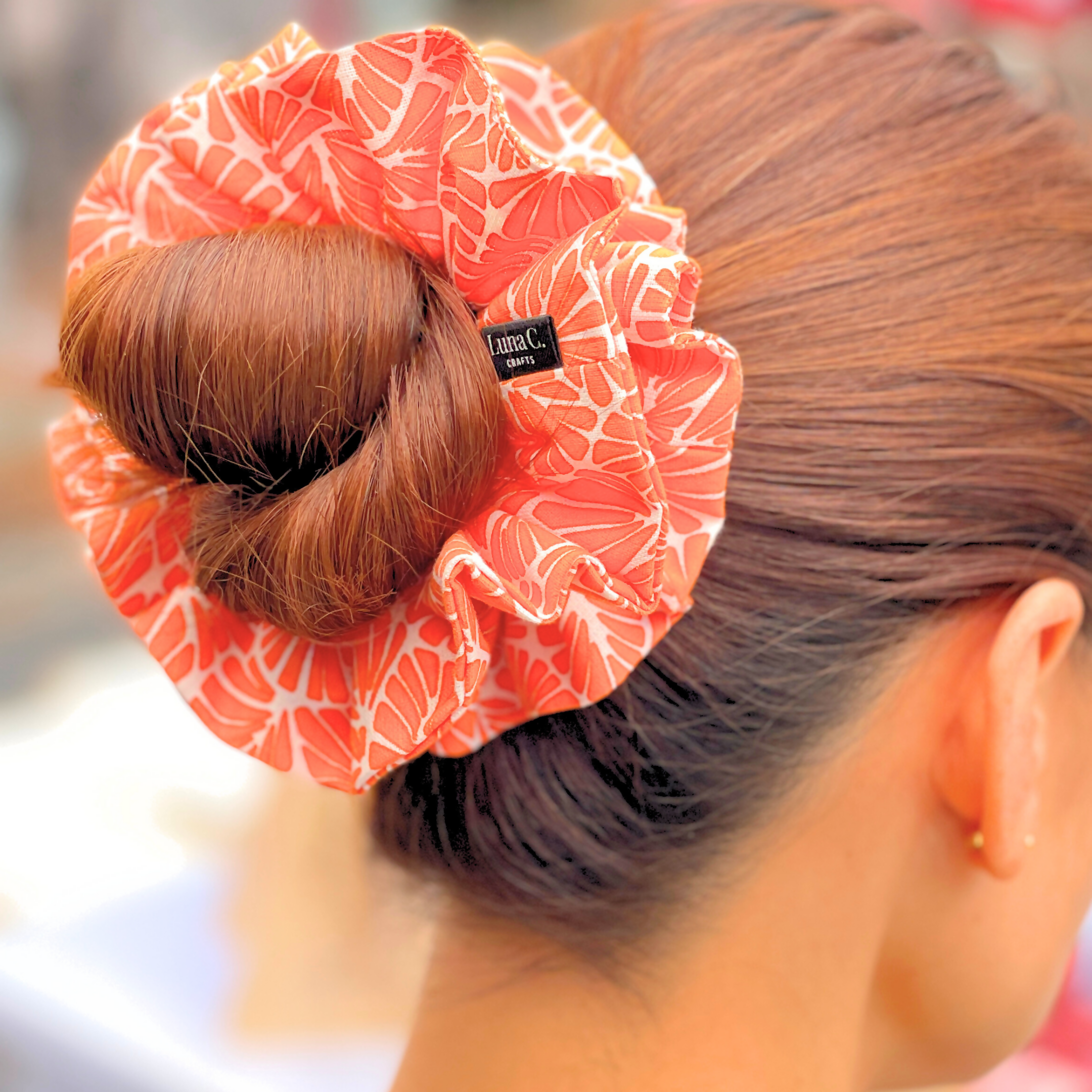Orange Fan Motifs Double Layer Scrunchie