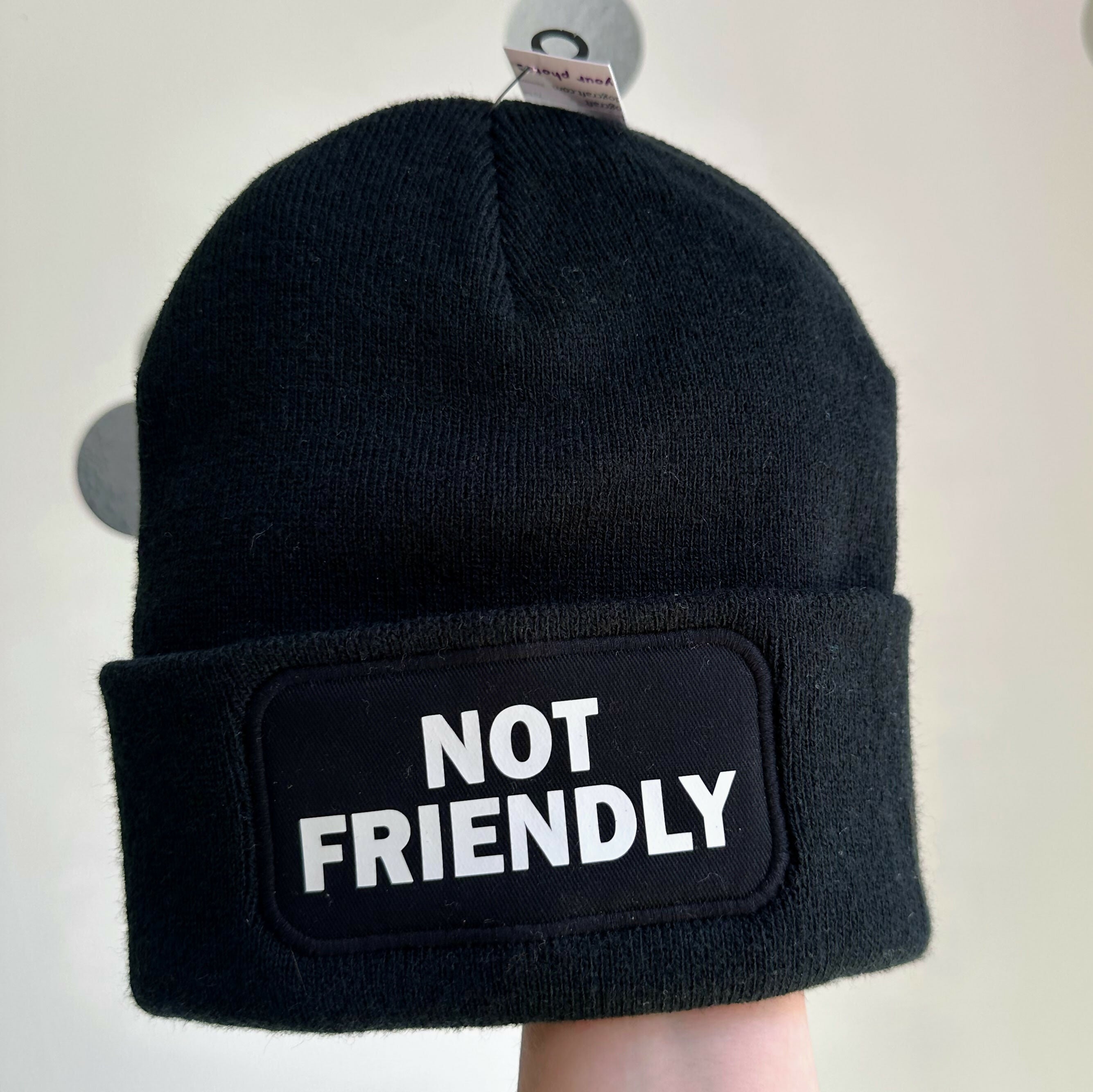 Not Friendly Cuffed Rectangular Patch Beanie Hat