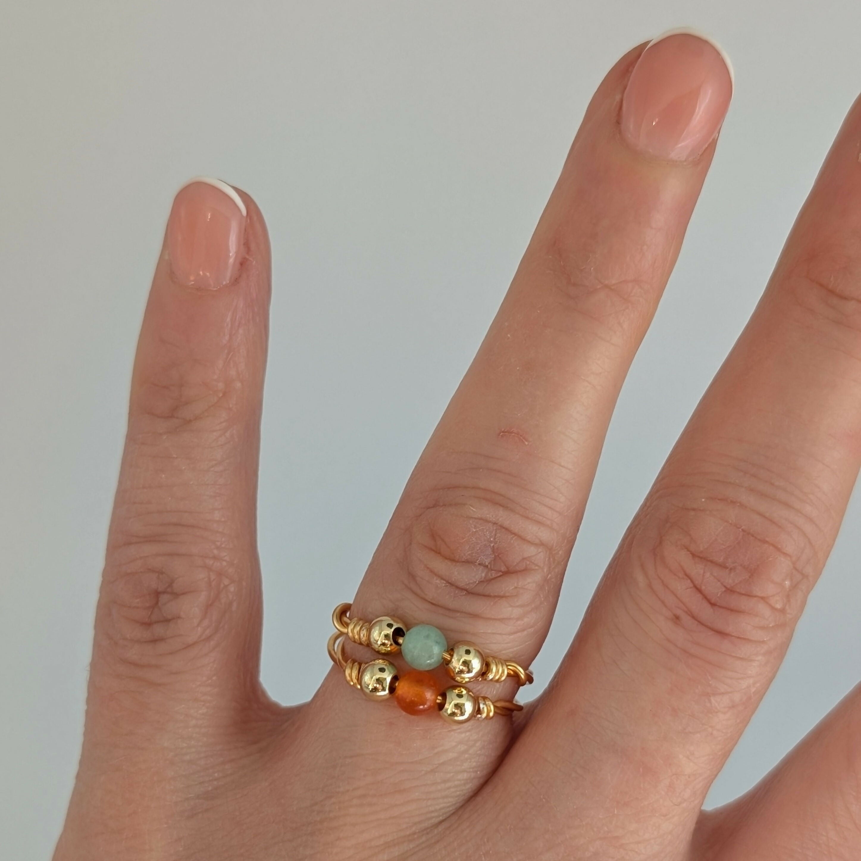 SIZE LARGE Semi Precious Bead Gold Plated Wire Rings in a Choice of Colours