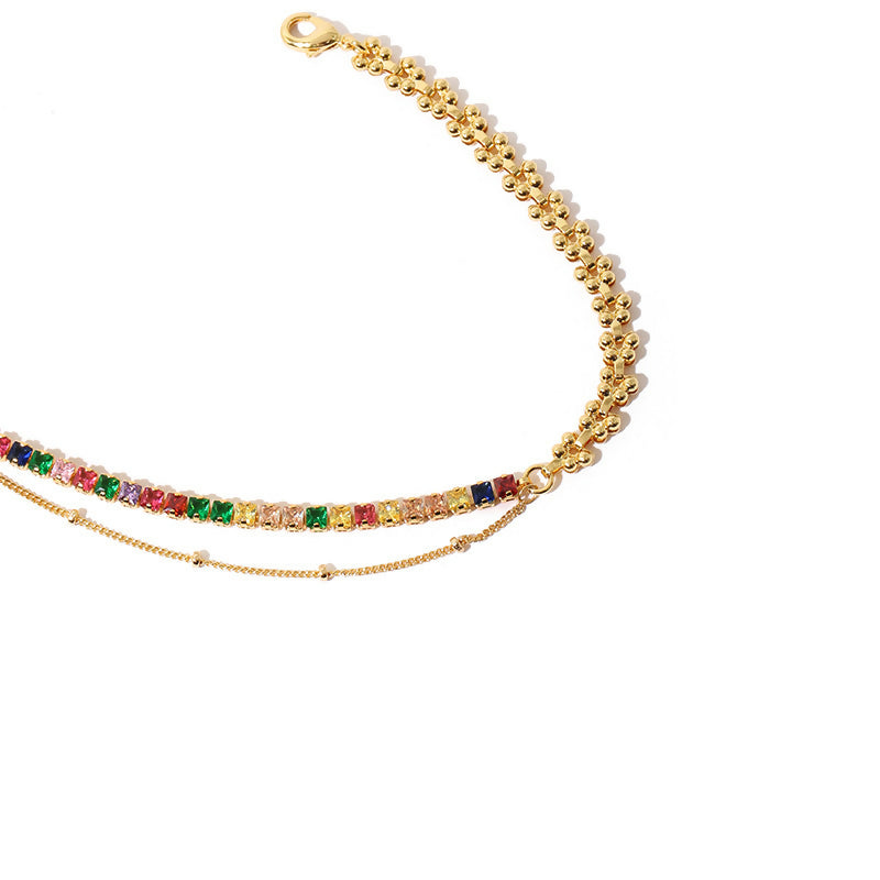 Multi-Color Zircon and Gold-Plated Dual-Chain Bracelet