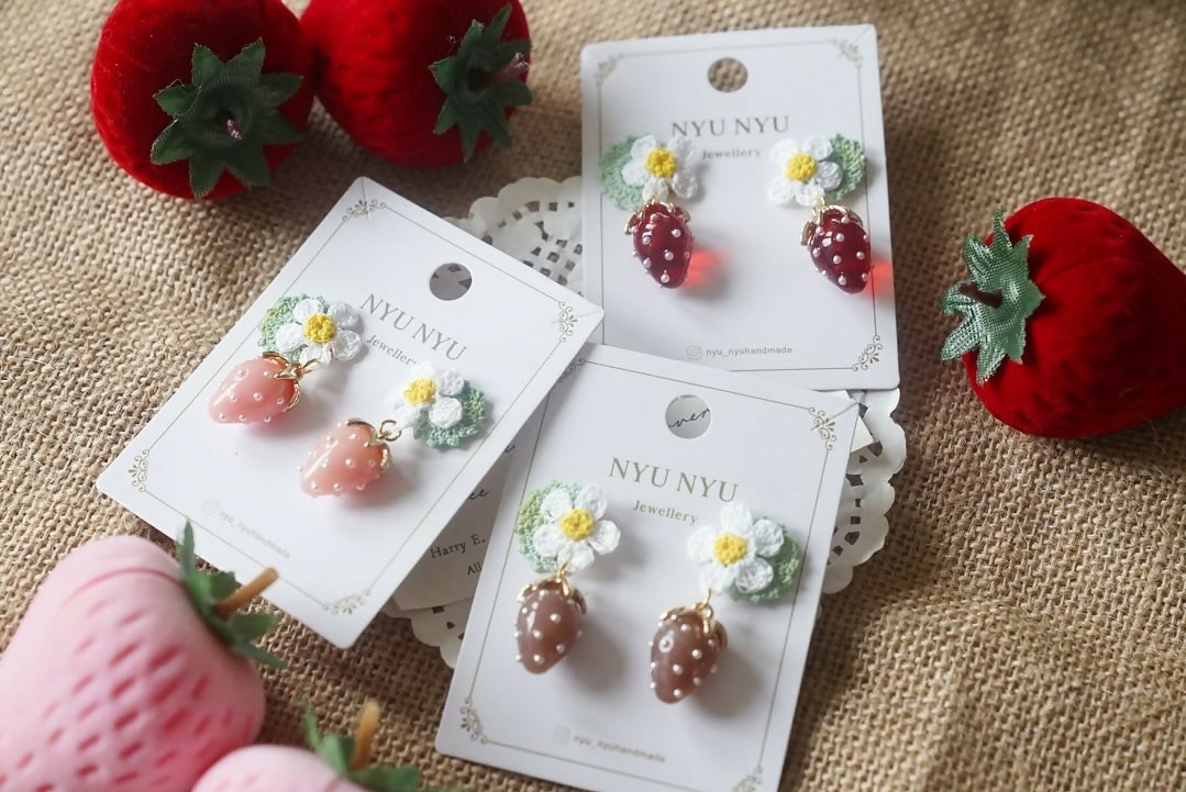 Handmade Micro Crochet Flower with Strawberry Charm Earrings