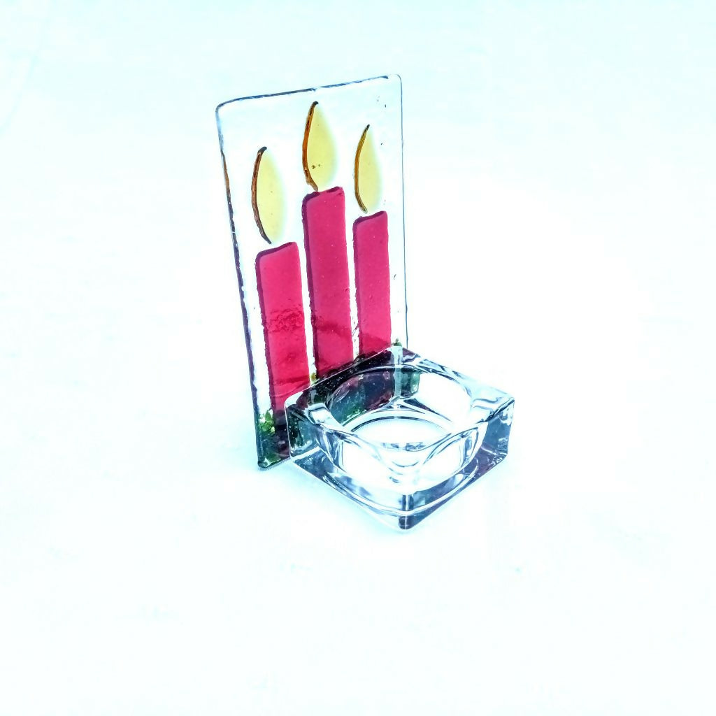 Fused Glass Tealight Holder with Christmas Candle Design