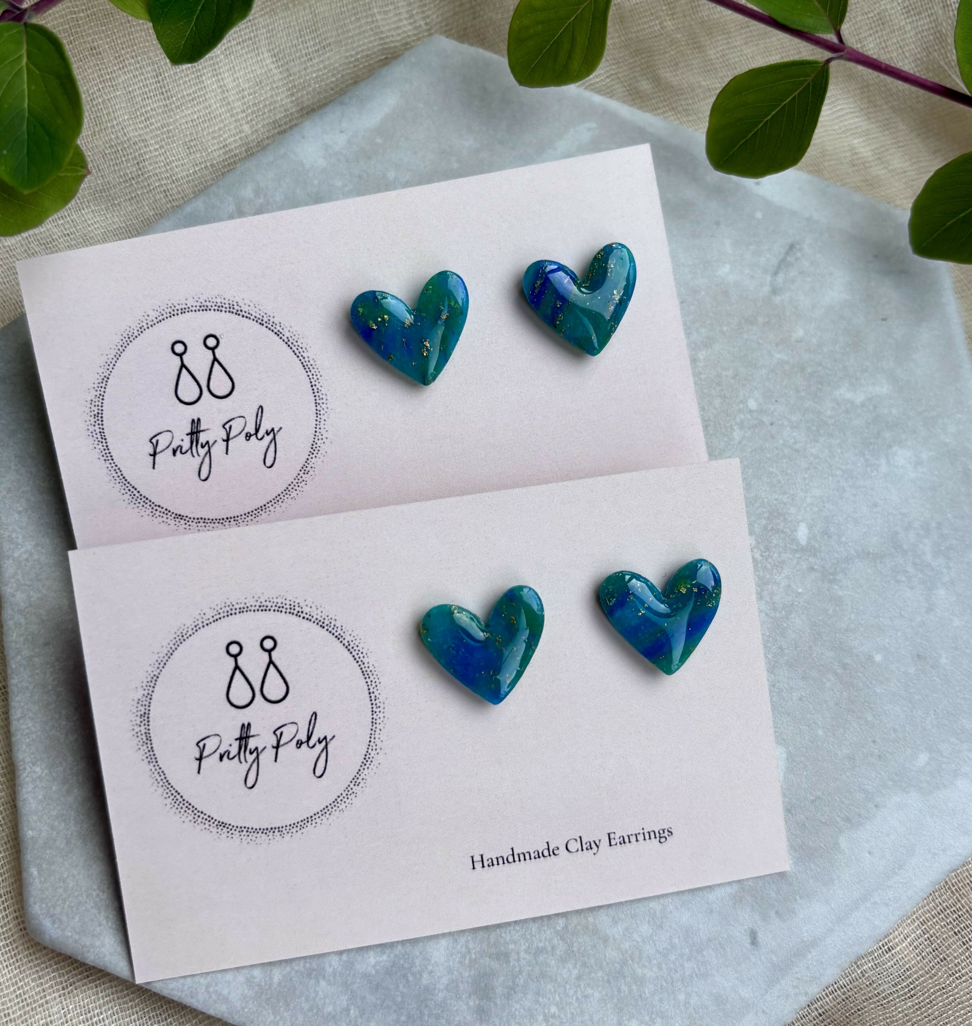 Blue and Gold Fleck Heart Polymer Clay Studs