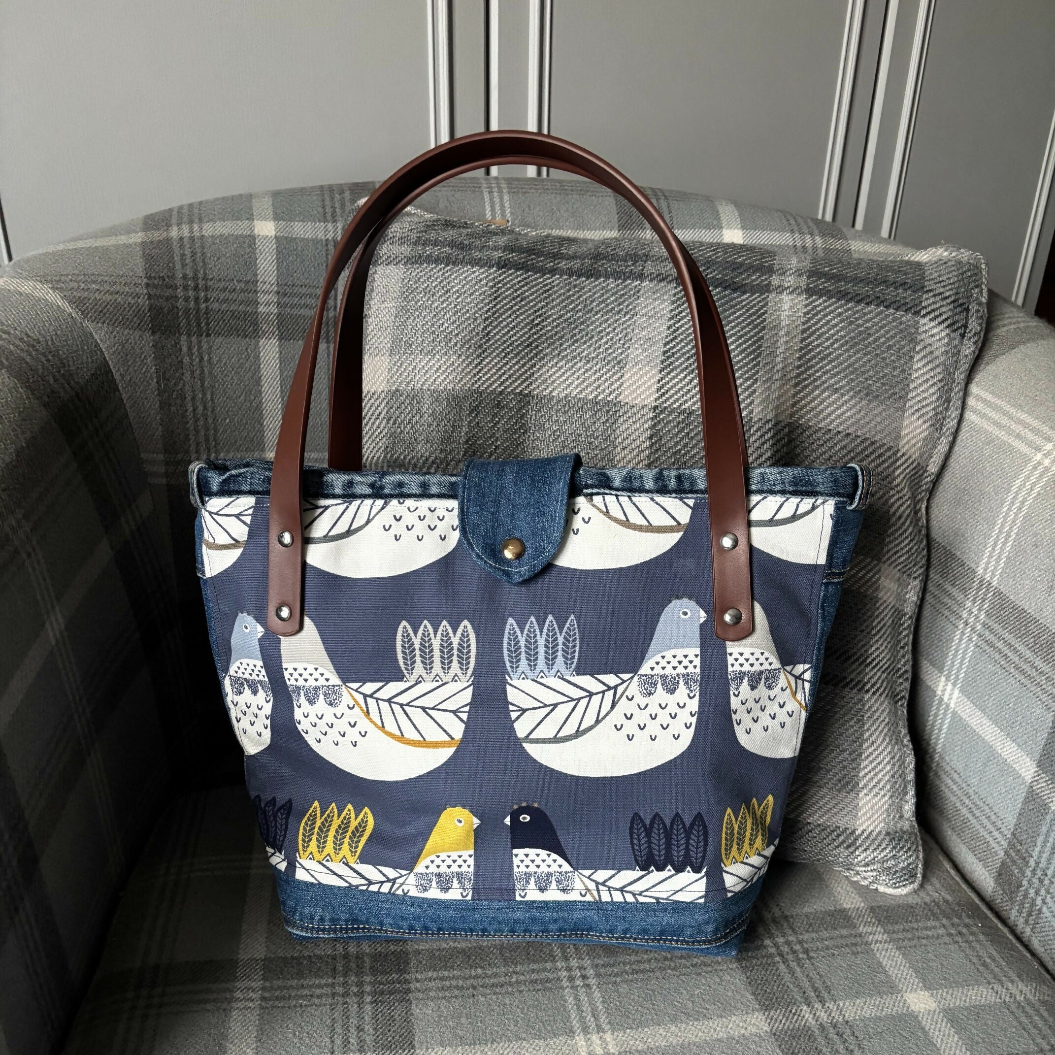 Unique Handcrafted Structured Denim Tote Shopping Bag Handbag Made From Upcycled Jeans