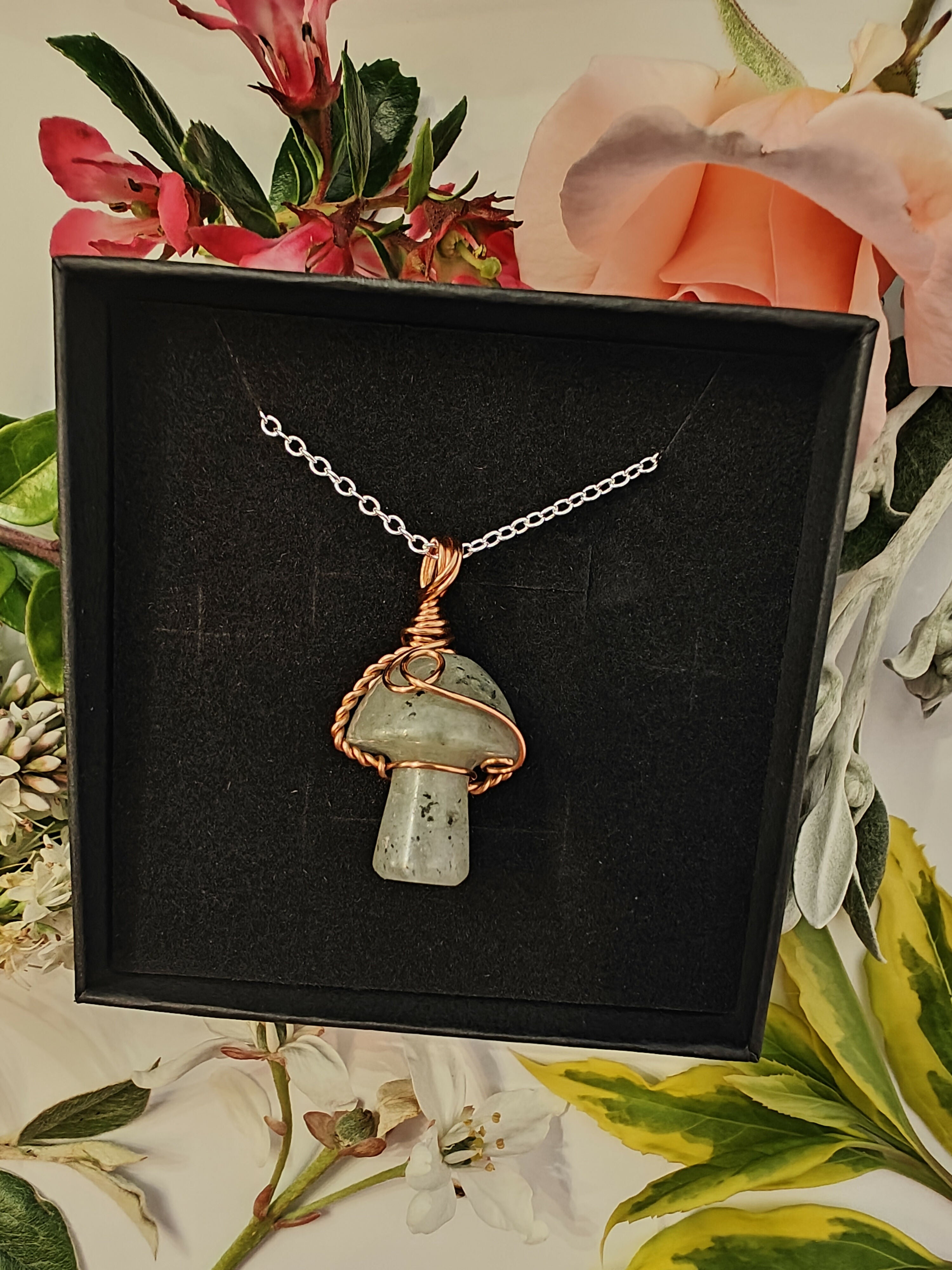 Labradorite Wire Wrapped Crystal Mushroom Necklace on Sterling Silver Chain