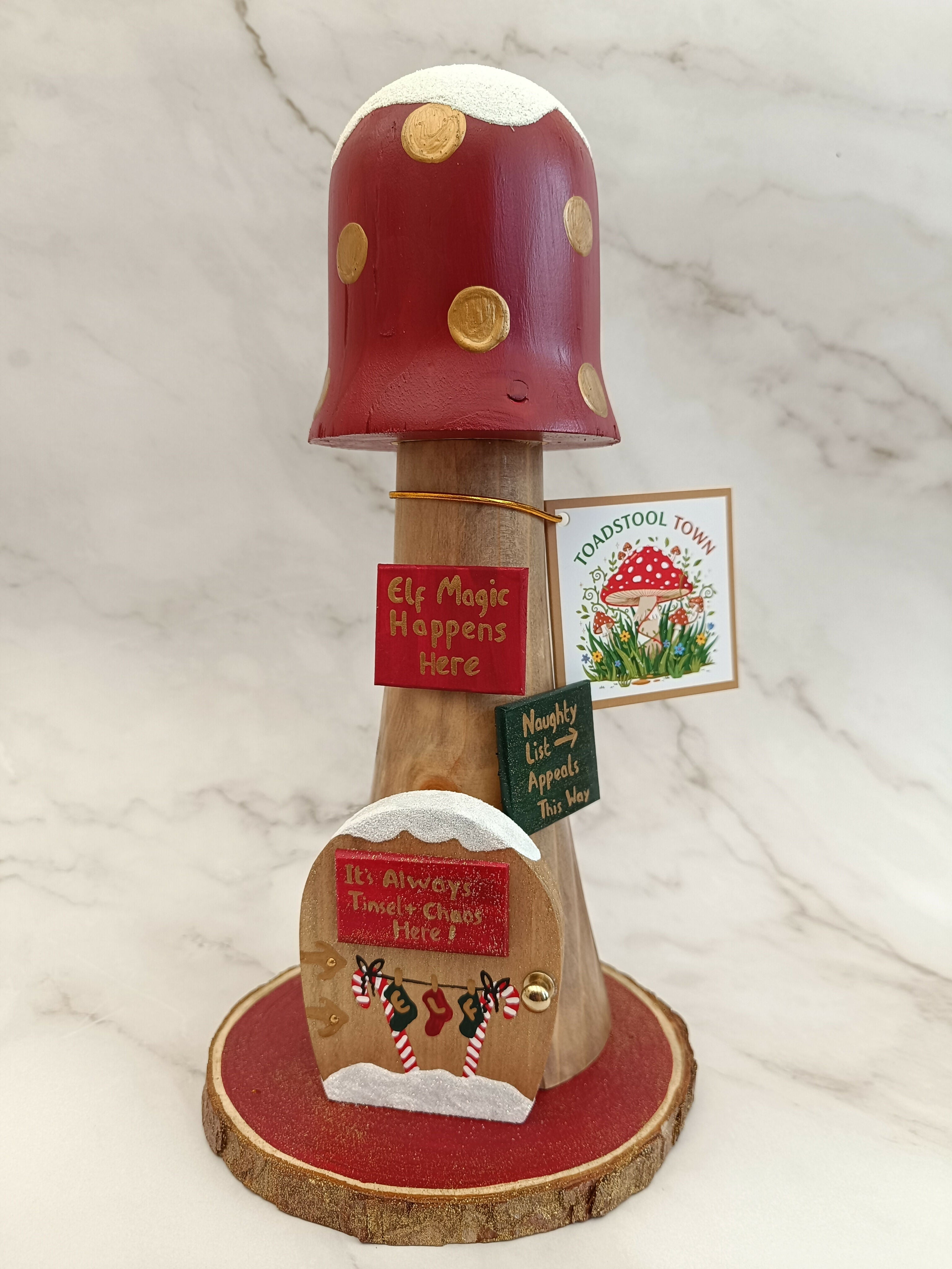 30cm Red Handmade, Free Standing Painted Wooden Fluted Topped Toadstool Elf House - Whimsical Woodland Ornament & Holiday Keepsake
