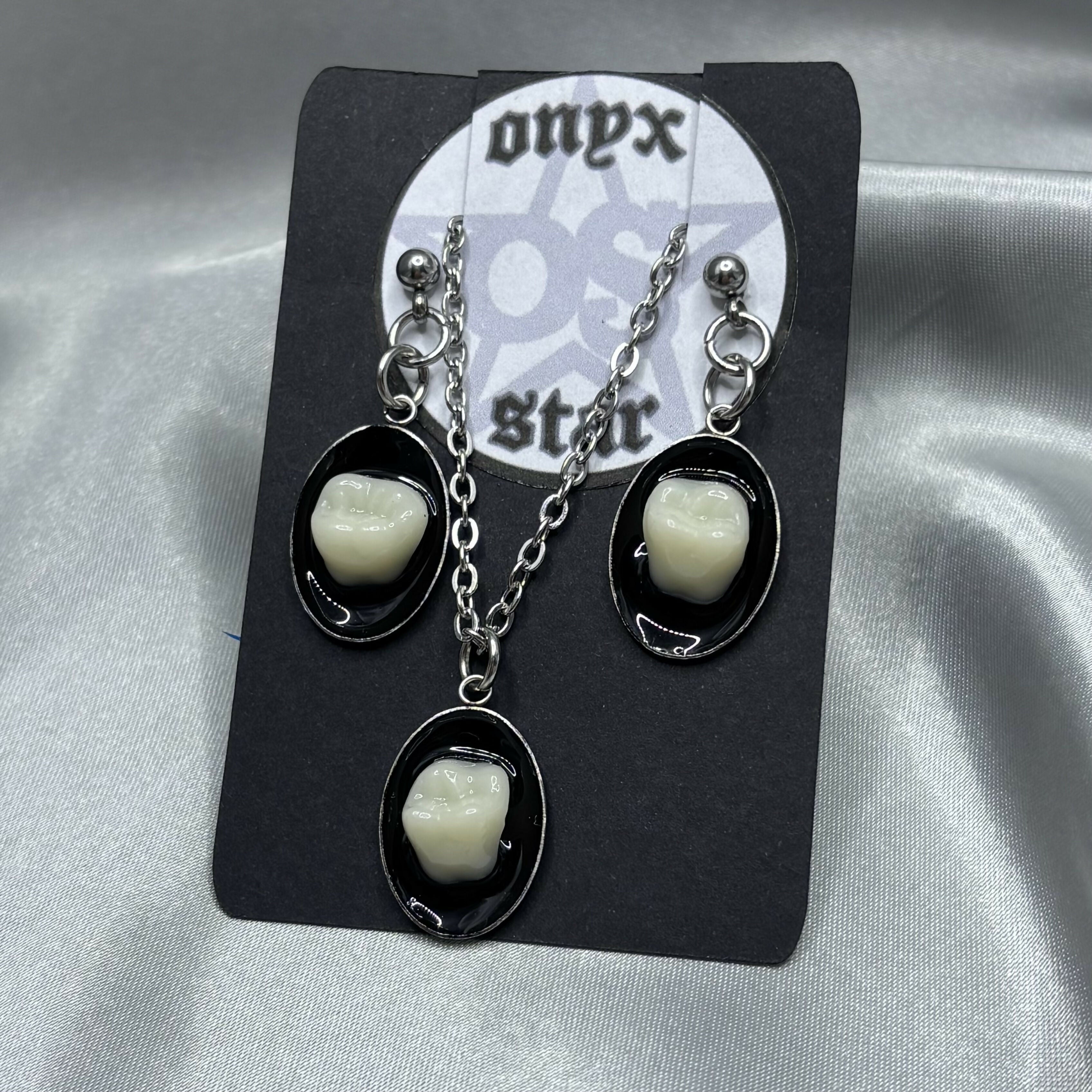 Oval Tooth Necklace & Earrings Set