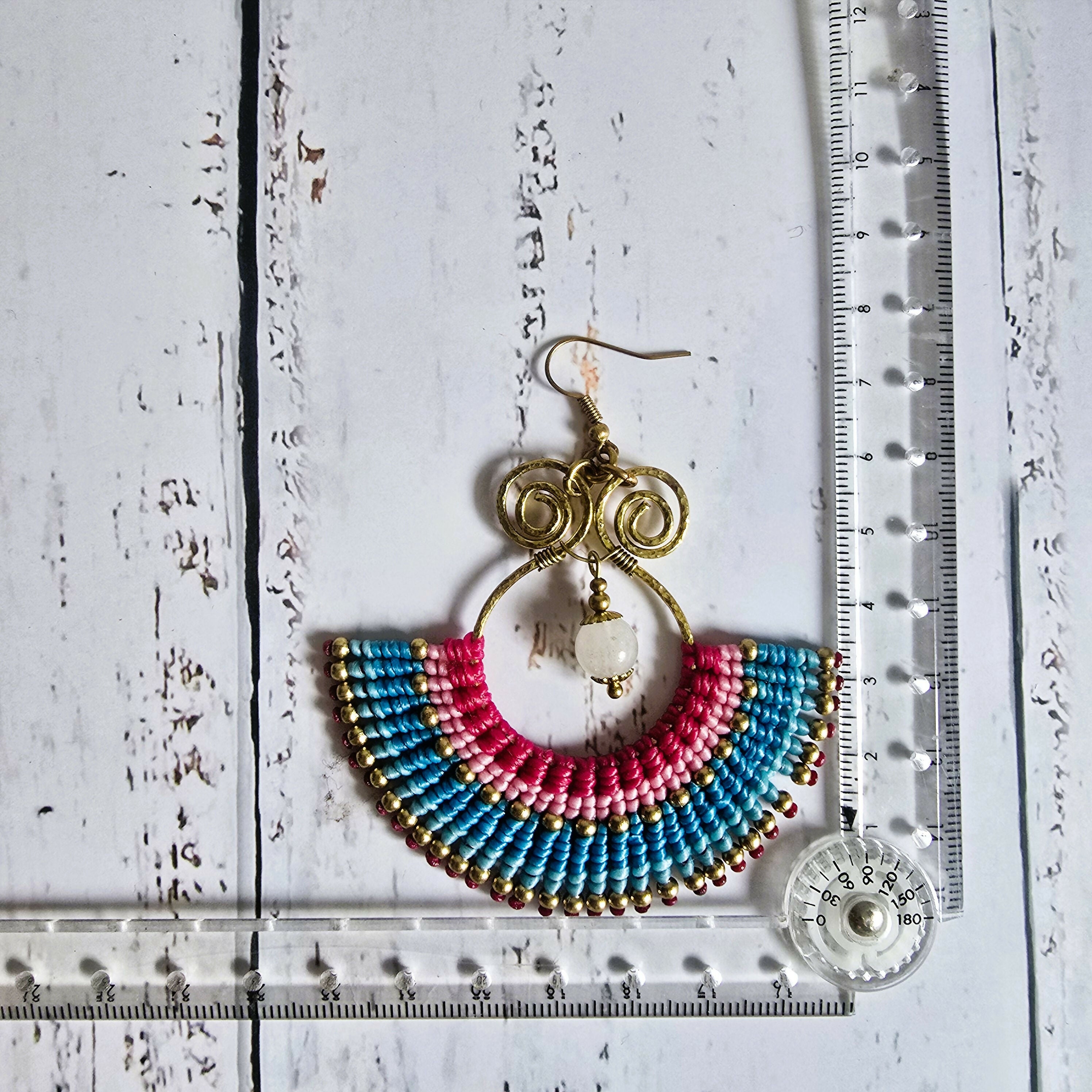 Pink Rose Quartz Statement Earrings; Handmade Bohemian Macramé Earrings With Gold Spiral Wirework