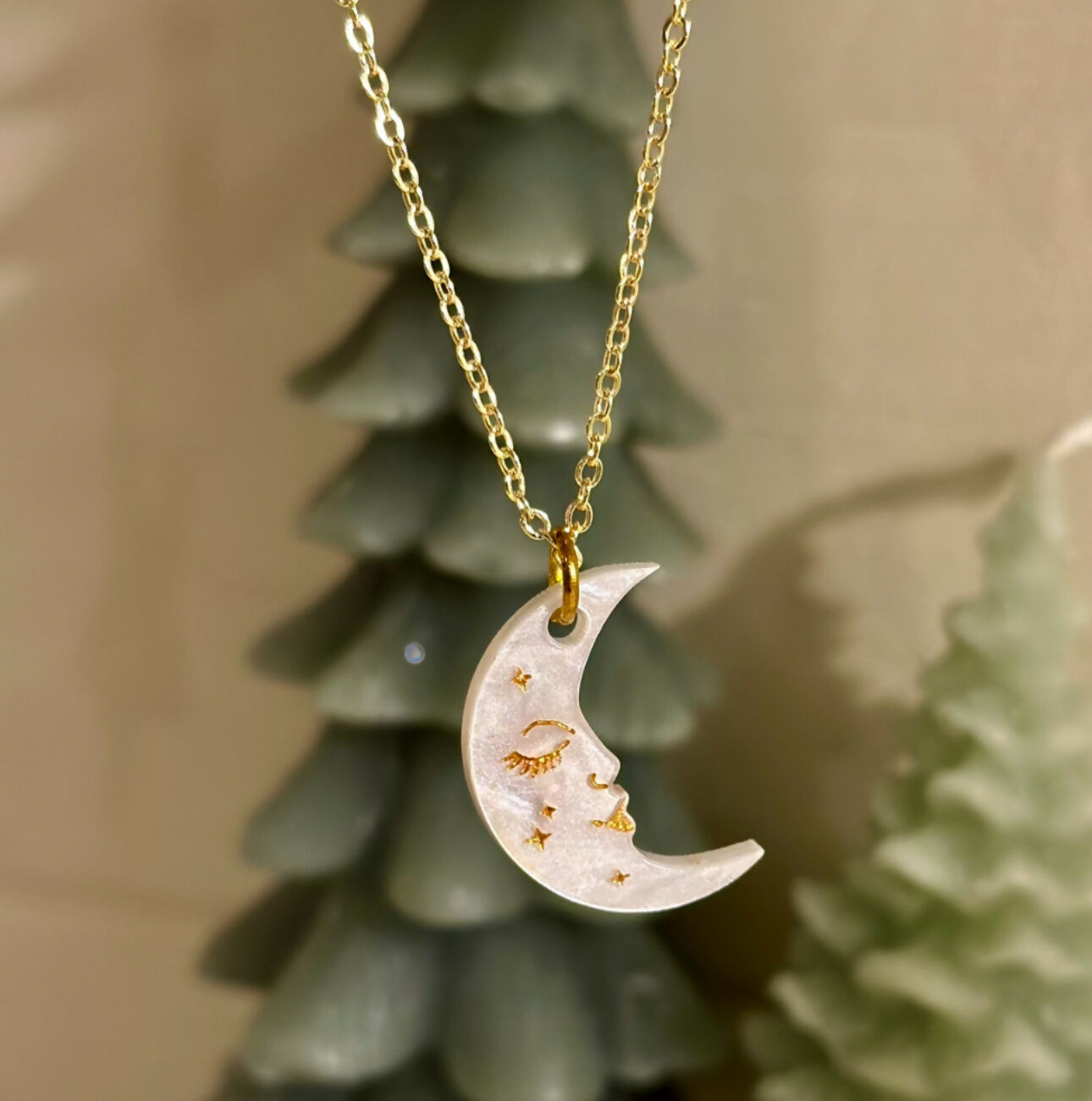 Celestial, Pearlised Crescent Moon Face Necklace
