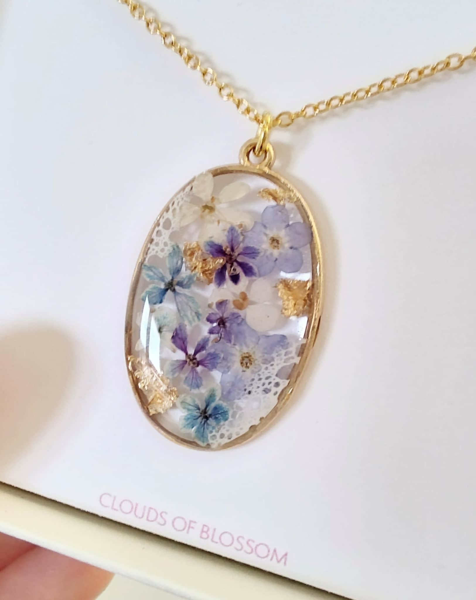 Real Flower Oval Sea Foam Blue Necklace Gold Plated