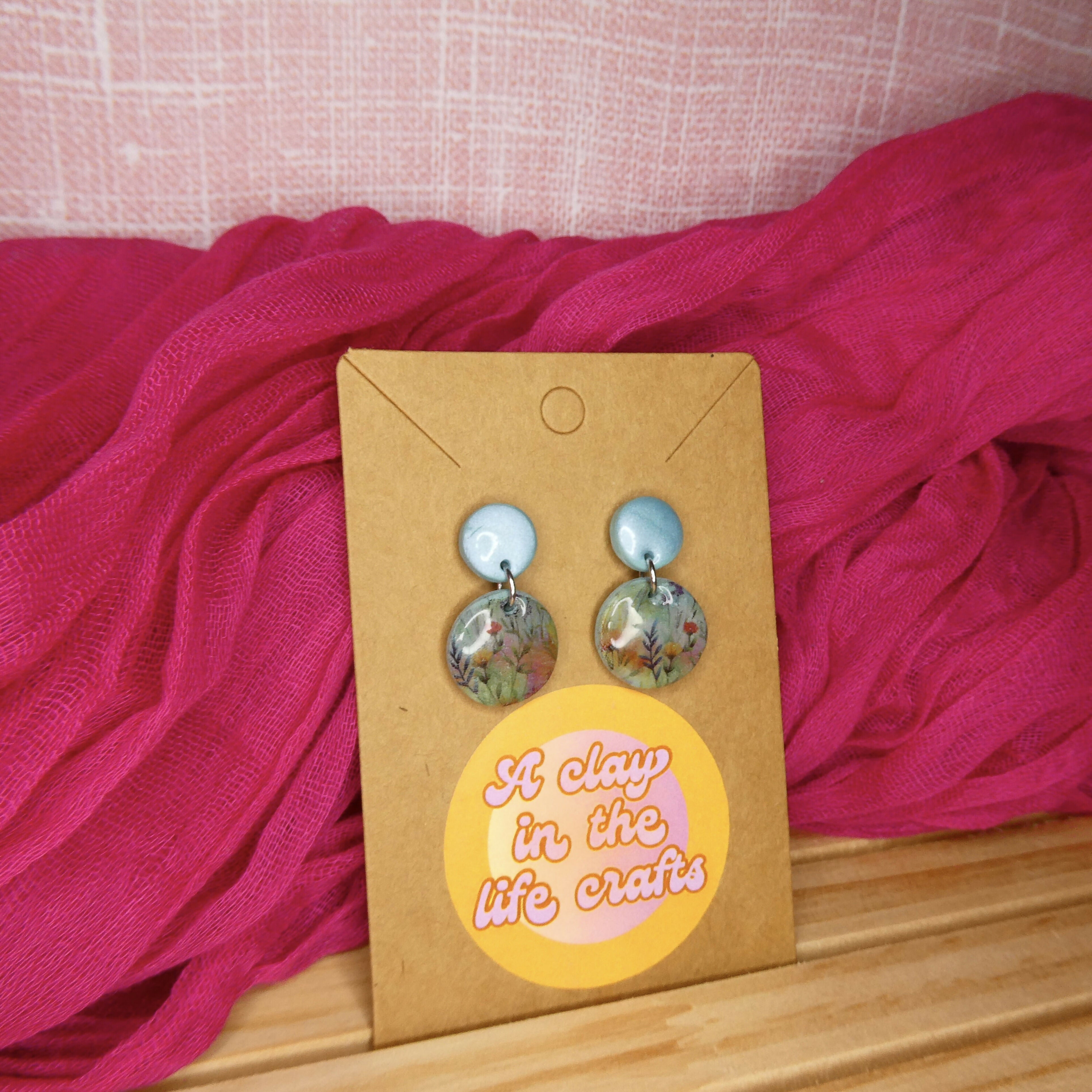 Small Floral Circle Polymer Clay Earrings