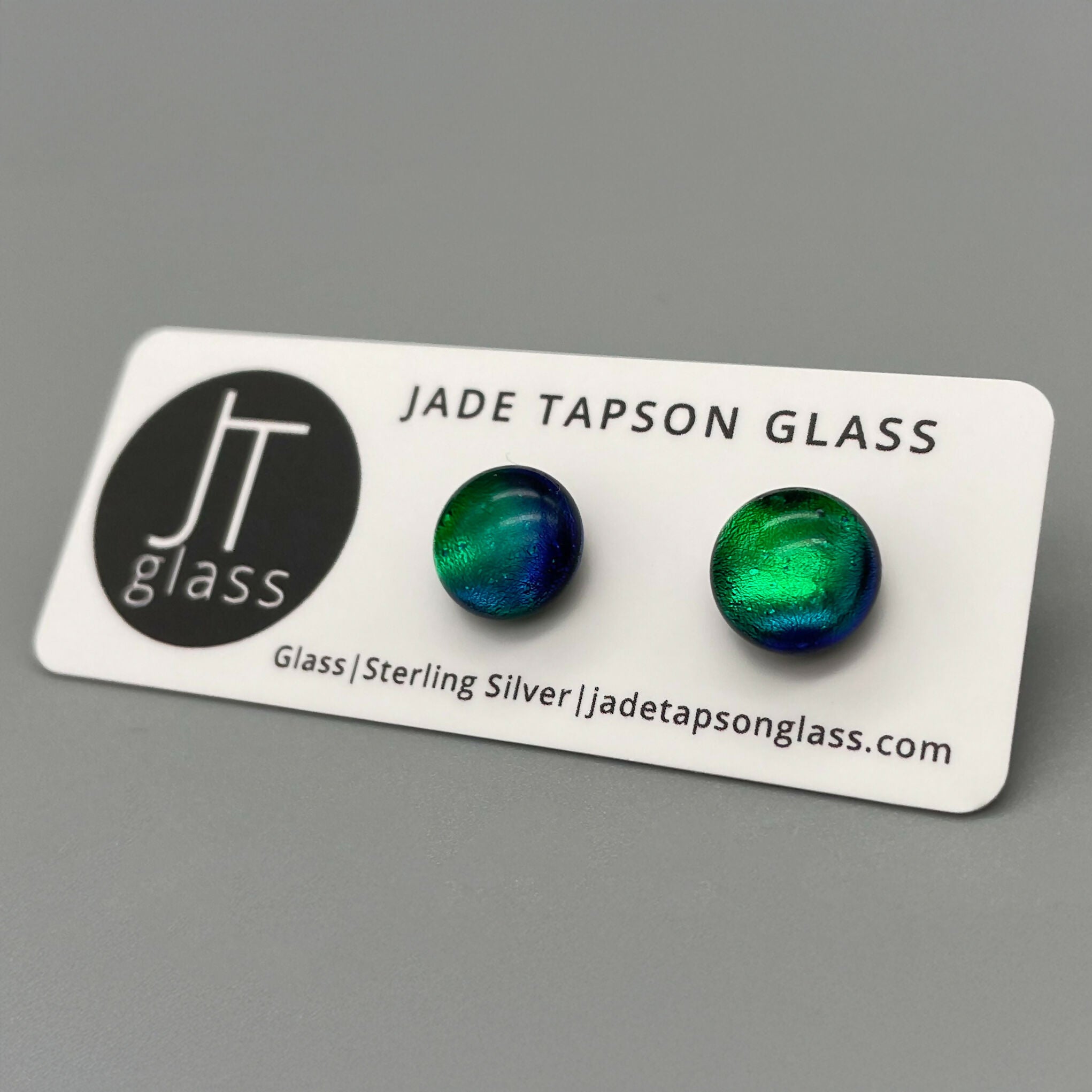 Emerald Green Dichroic Fused Glass Sterling Silver Stud Earrings - Handmade by Jade Tapson Glass.