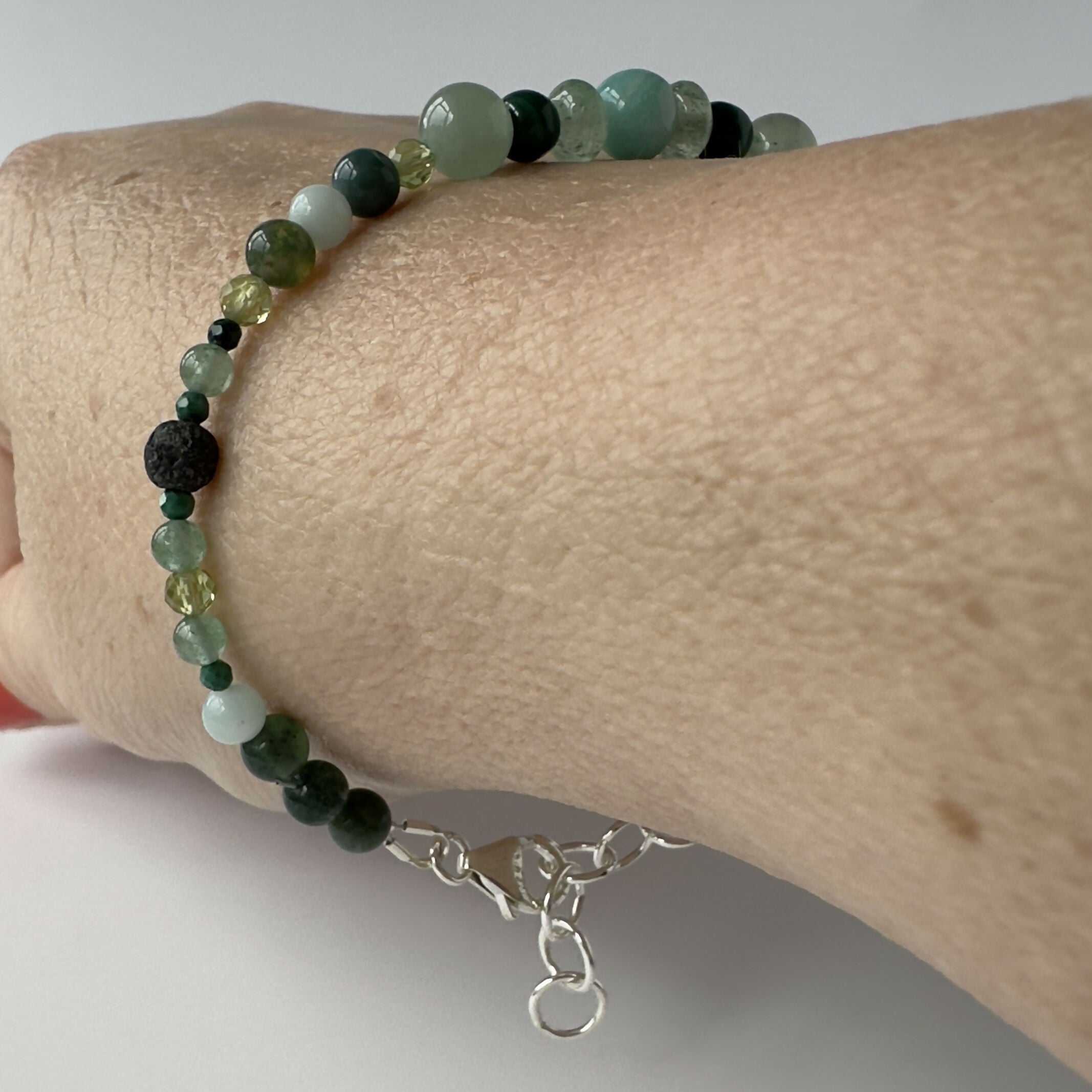 HEALING CRYSTAL & STERLING SILVER HEART CHAKRA BRACELET WITH AROMATHERAPY BEADS