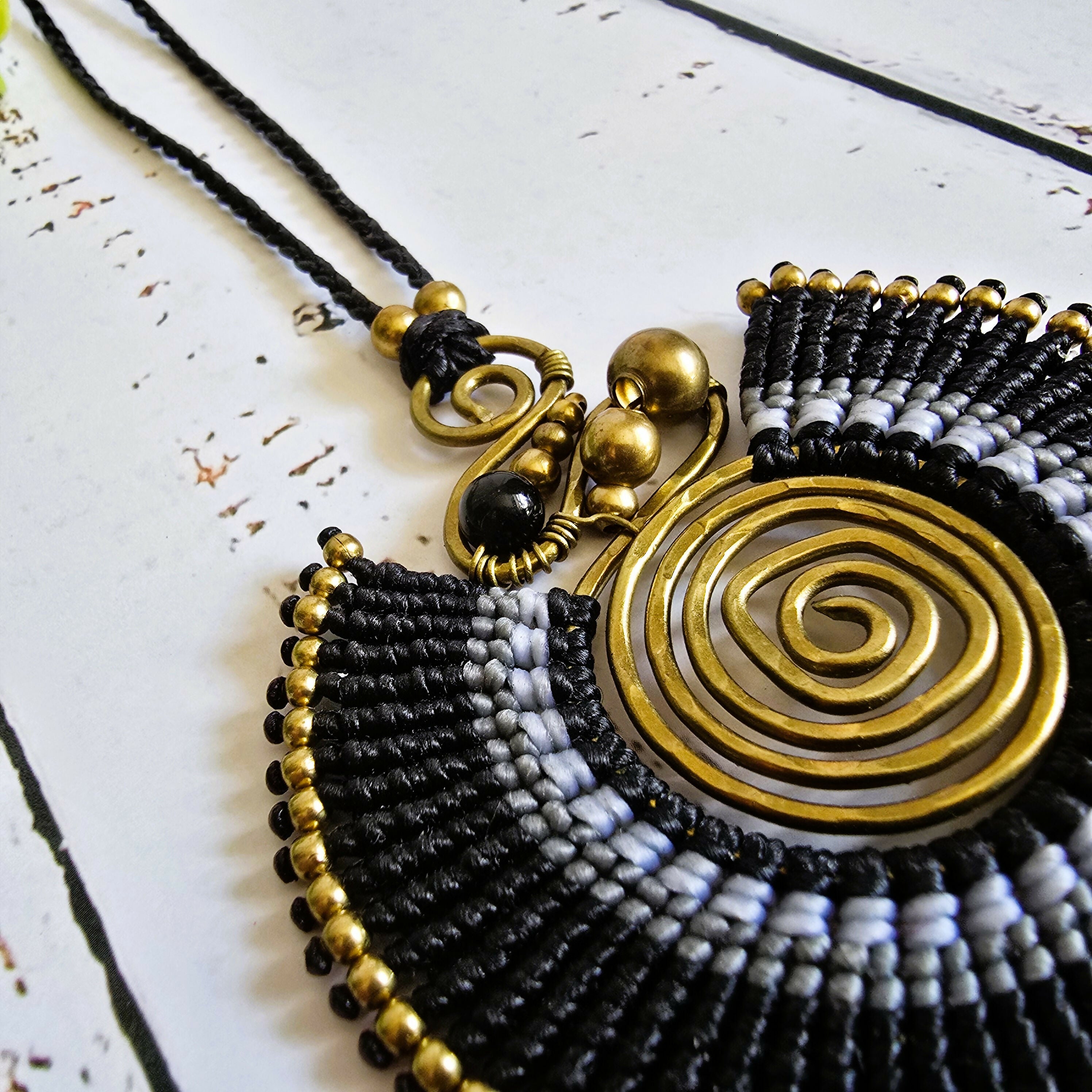 Black Agate Macramé Necklace; Full Moon Boho Statement Pendant with Gold Spiral