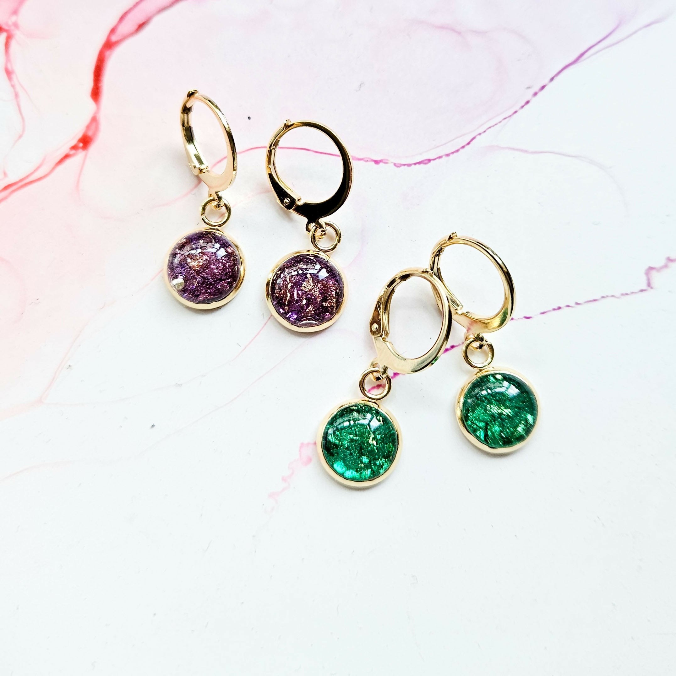 Handmade Purple Or Emerald And Gold Leaf Resin Charms On Golden Huggie Hoops