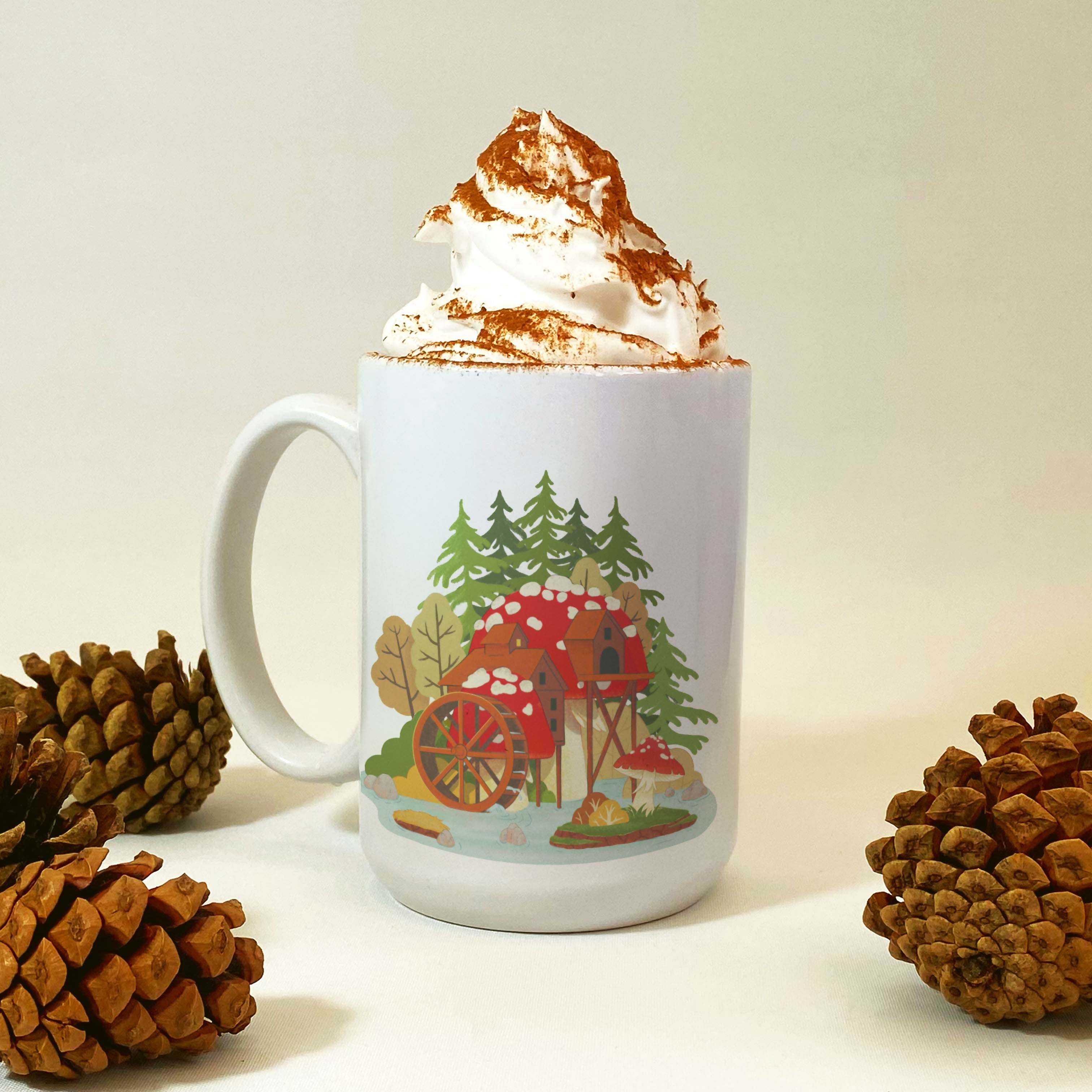 Large Mushroom House Mug-Illustrated Whimsical Fly Agaric 15oz Mug