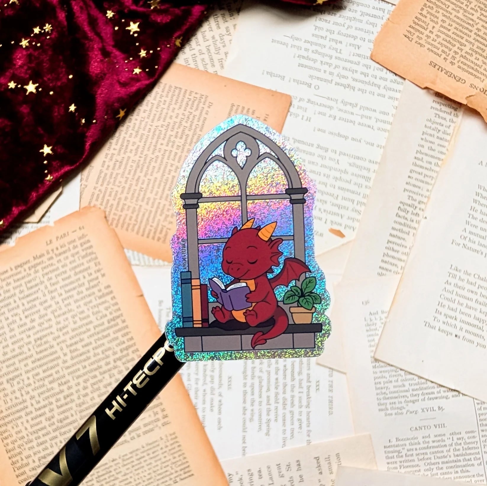 Ember the Bookish Dragon Glitter Sticker