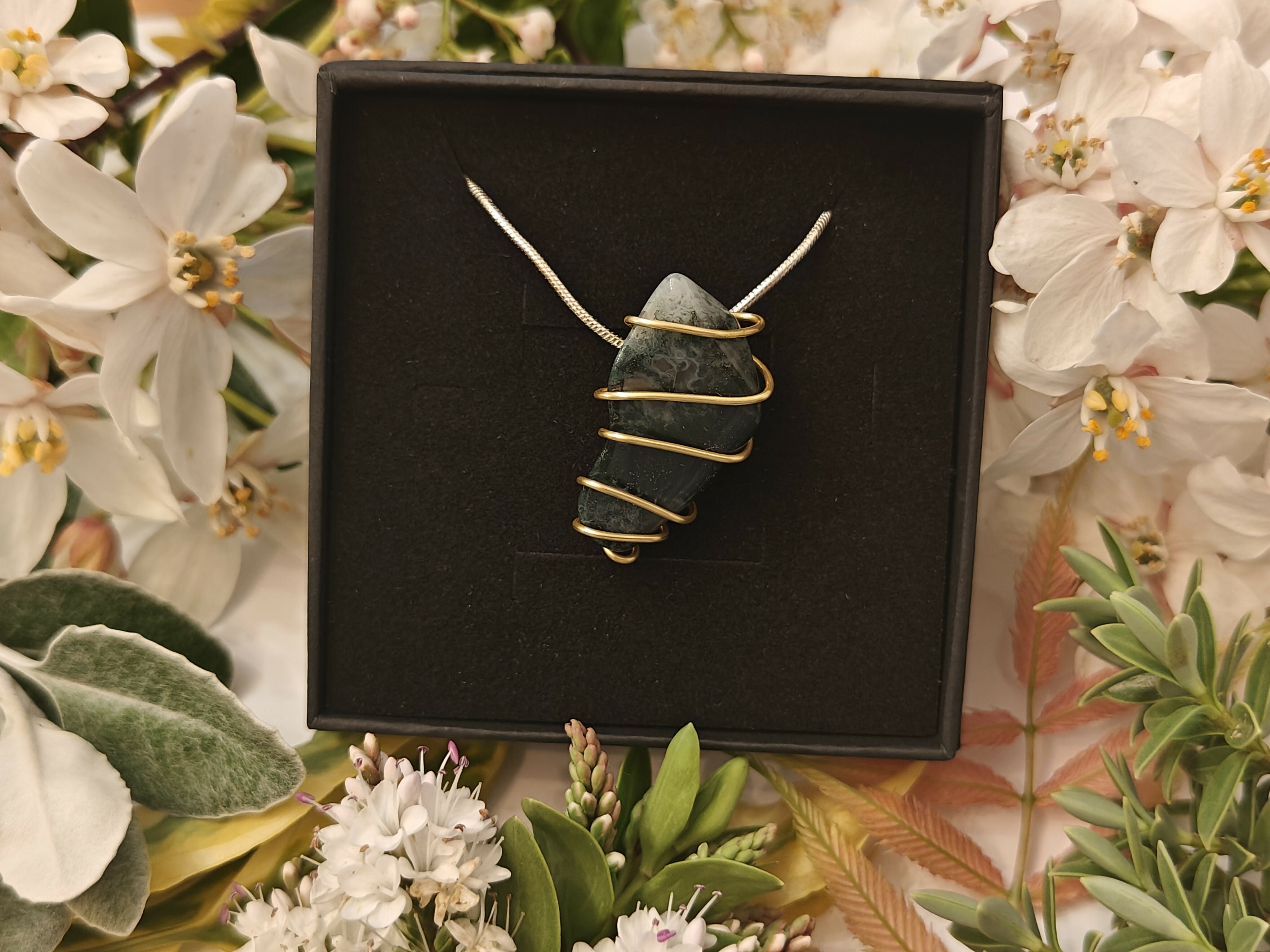 Moss Agate Wire Wrapped Crystal Necklace on Sterling Silver Chain