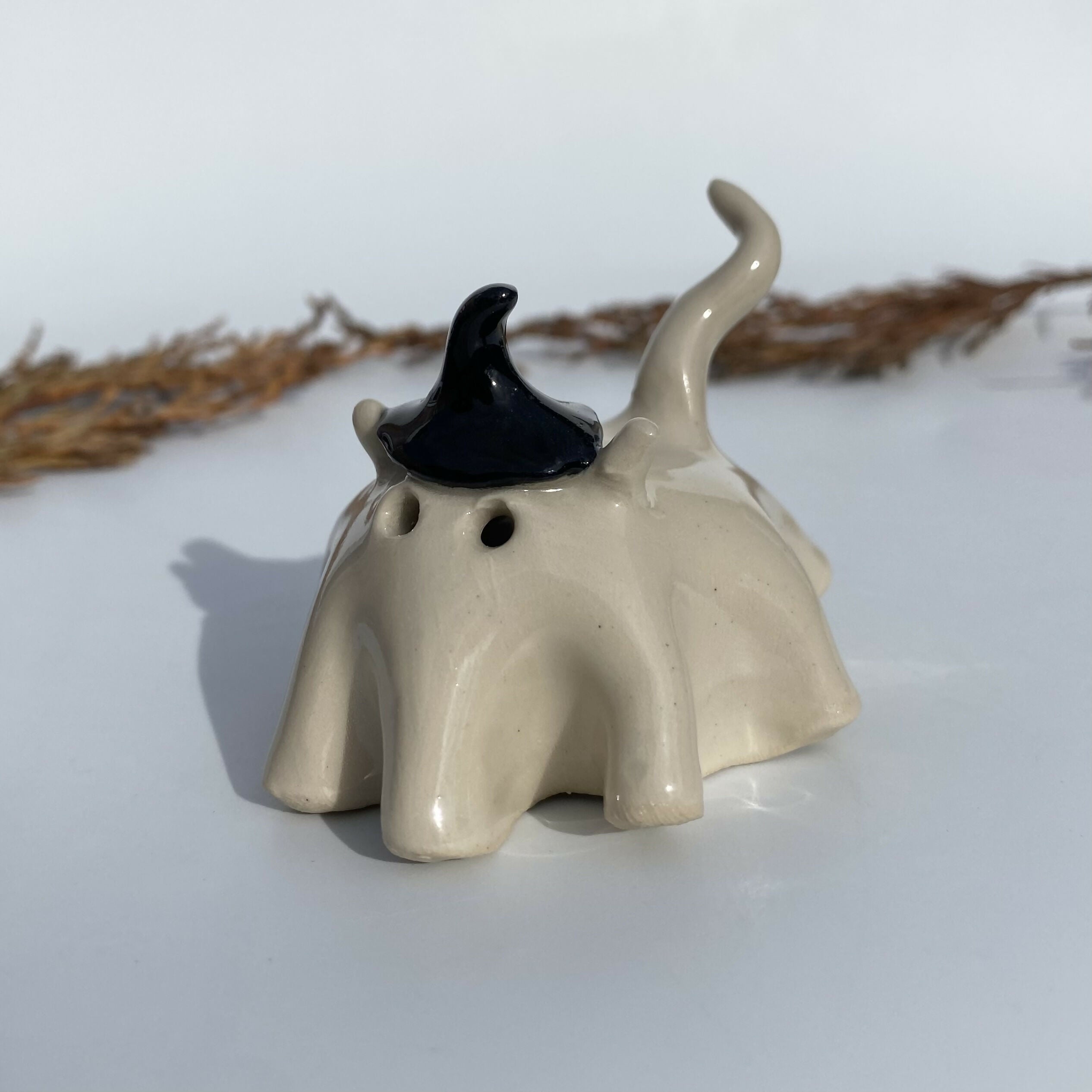 Handmade Ceramic Cat Ghost With Witches Hat