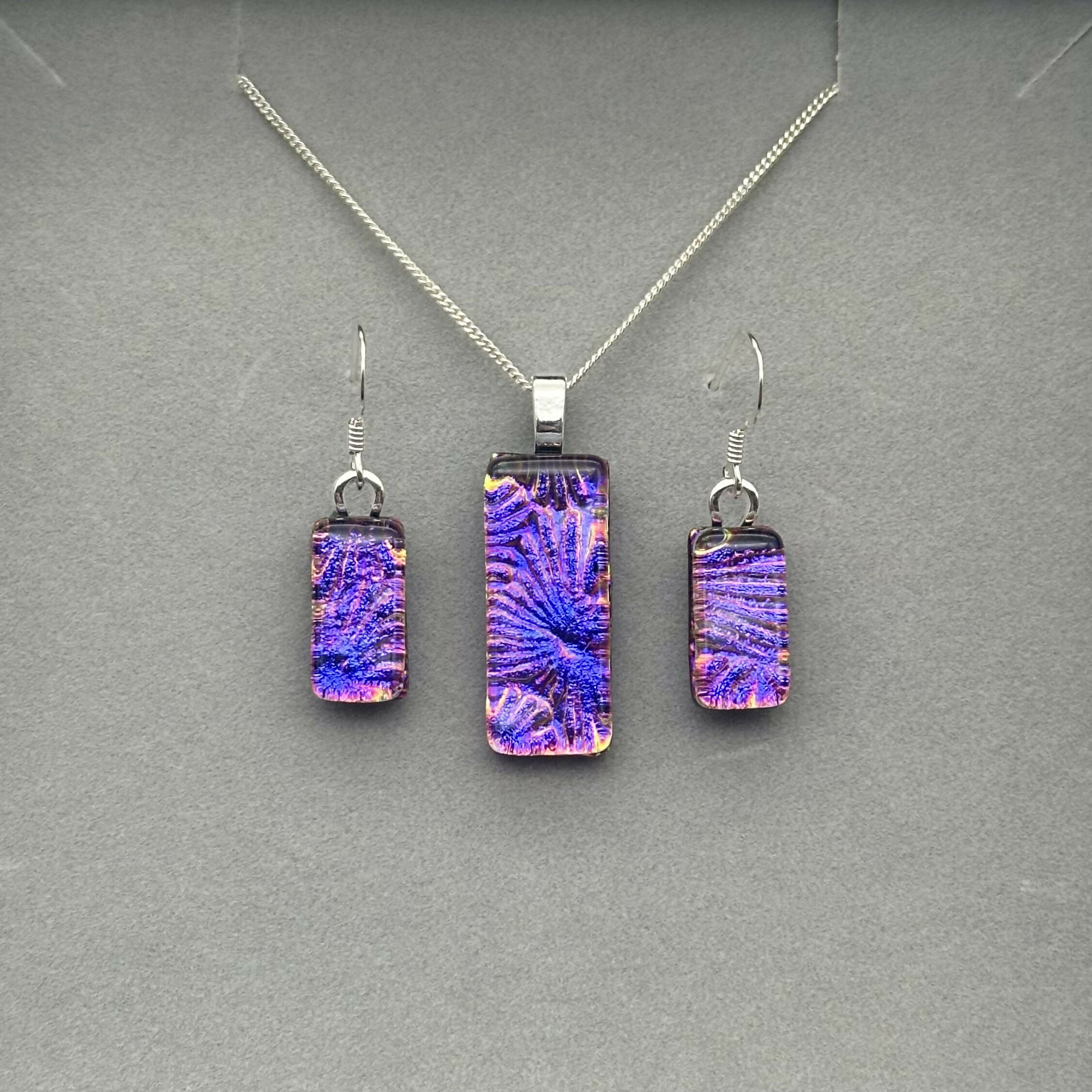 Pink & Purple Flower Dichroic Glass Necklace and Earrings Set - Sterling Silver, Handmade by Jade Tapson Glass.