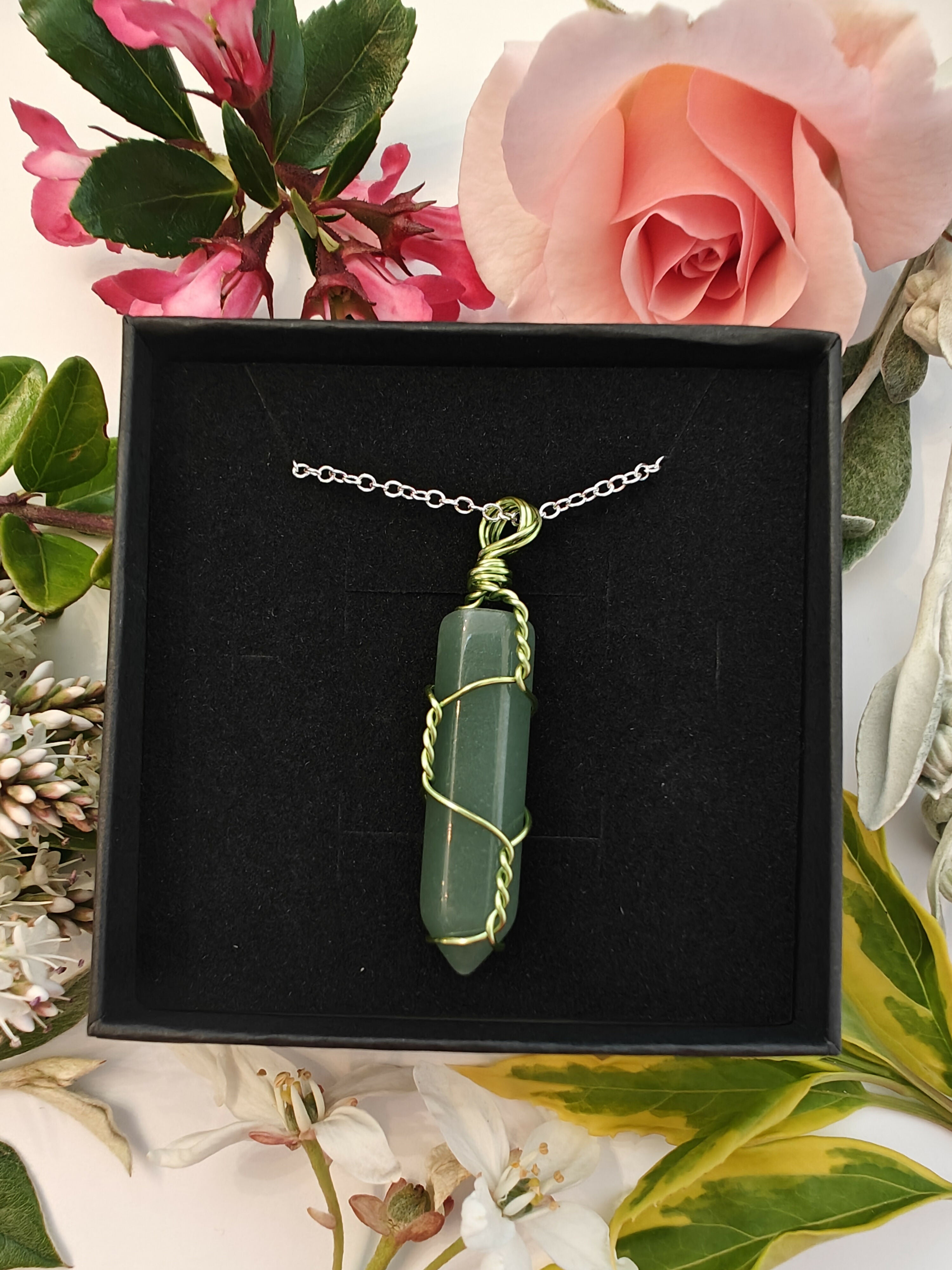 Green Aventurine Wire Wrapped Crystal Point Necklace on Sterling Silver Chain