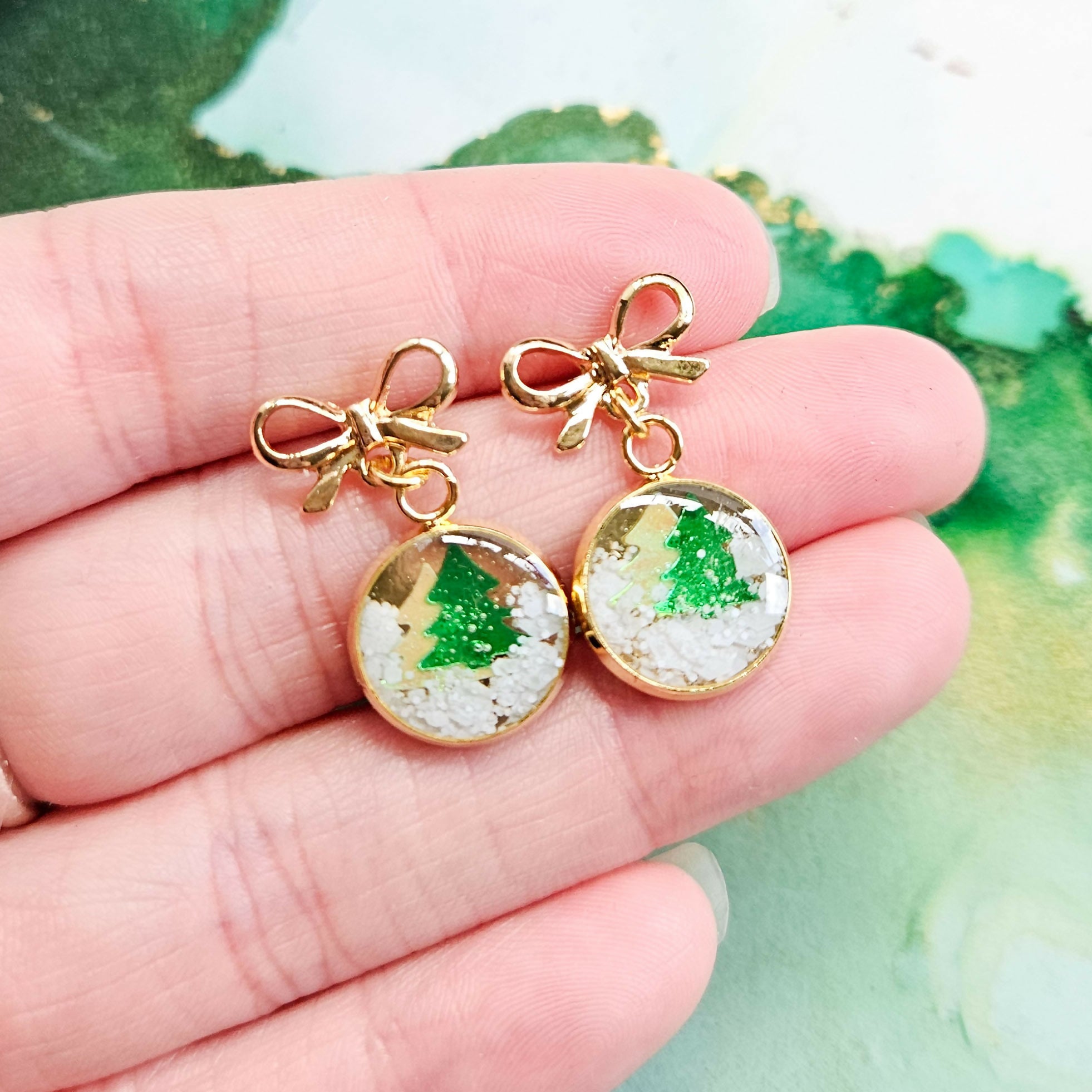 Handmade Christmas Penguin Or Trees Baubles Resin Earrings With Bow Studs