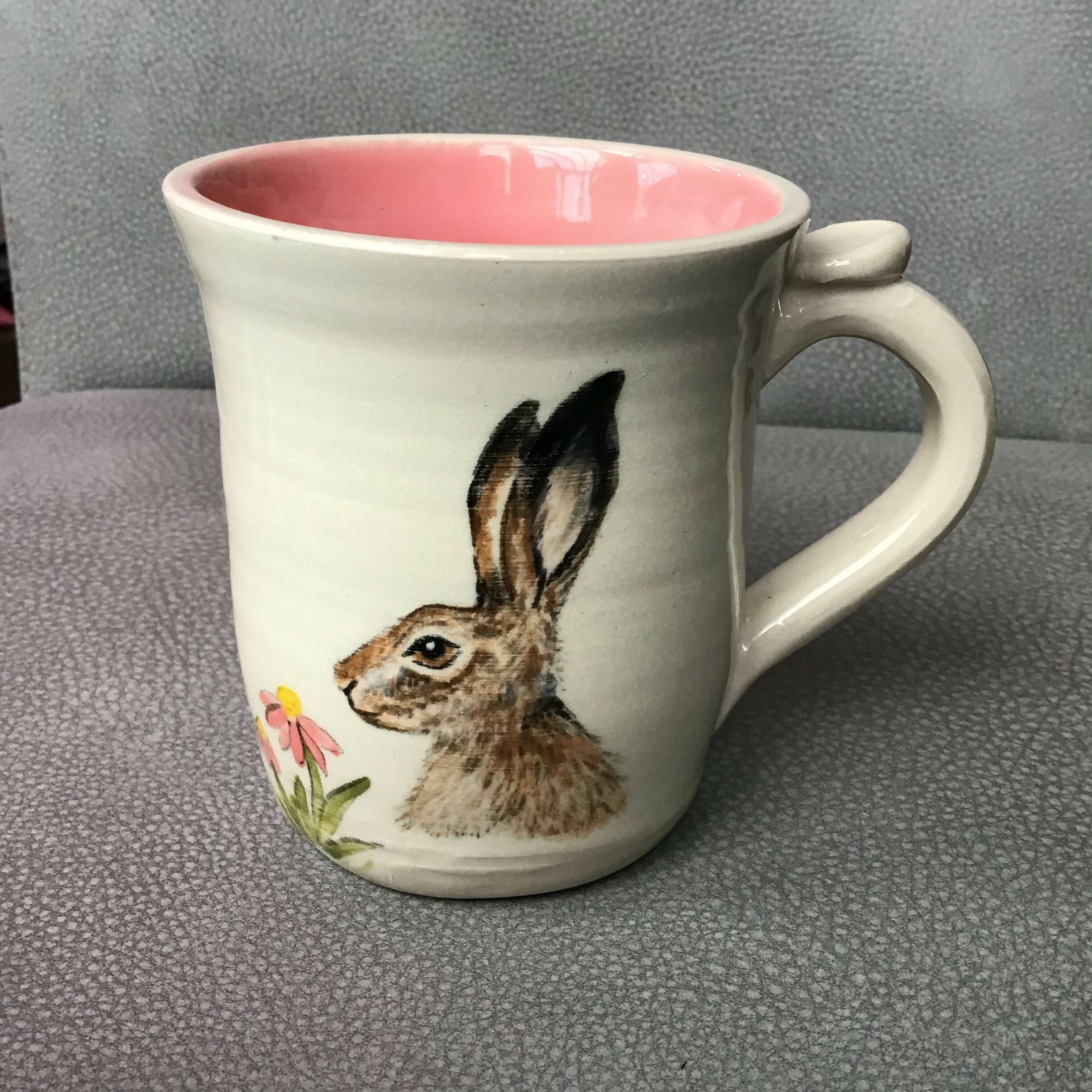 Hand Painted Hare Mug with Flower
