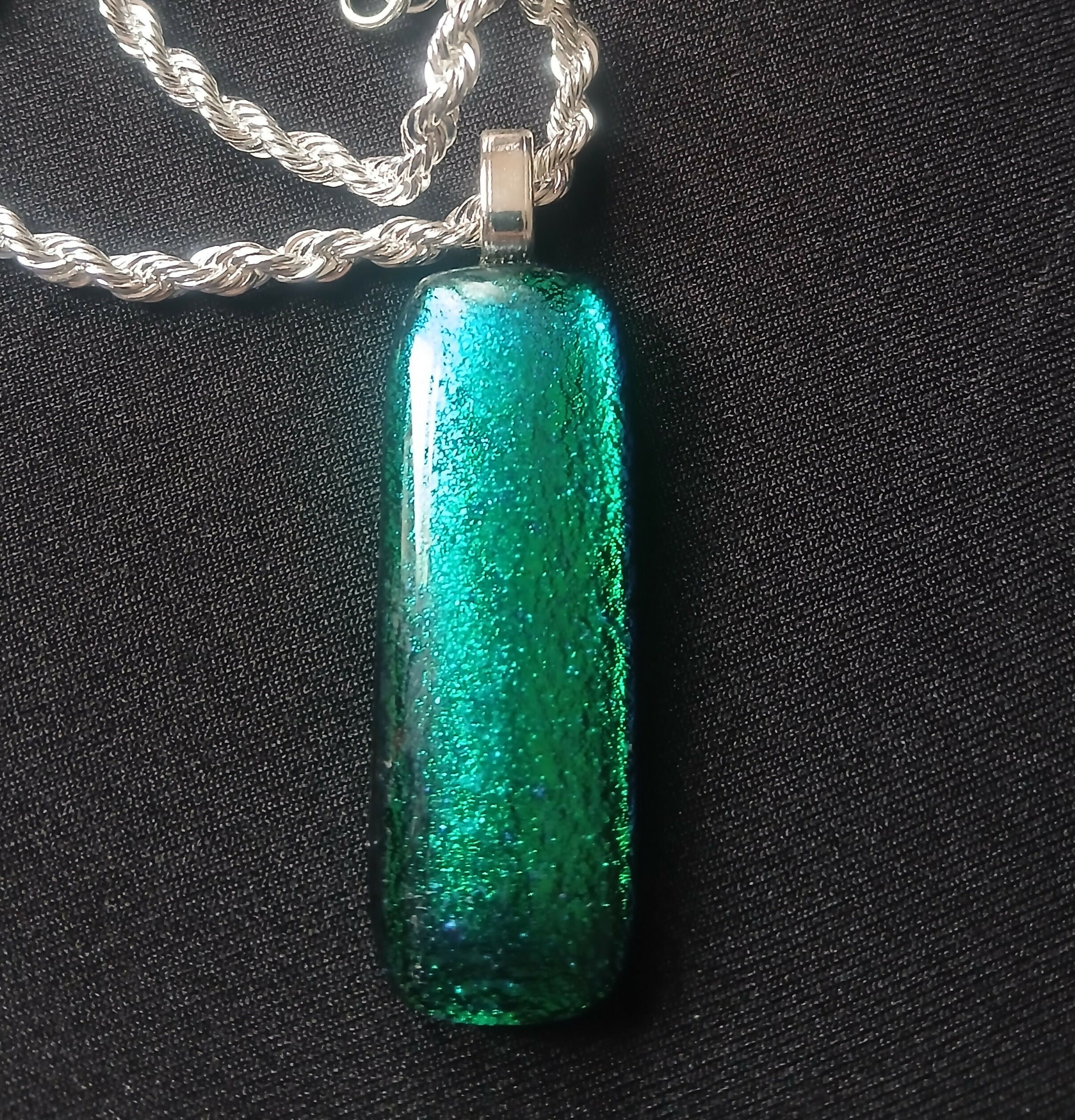 Fused Dichroic Glass Pendant With a Chain Necklace (Green)