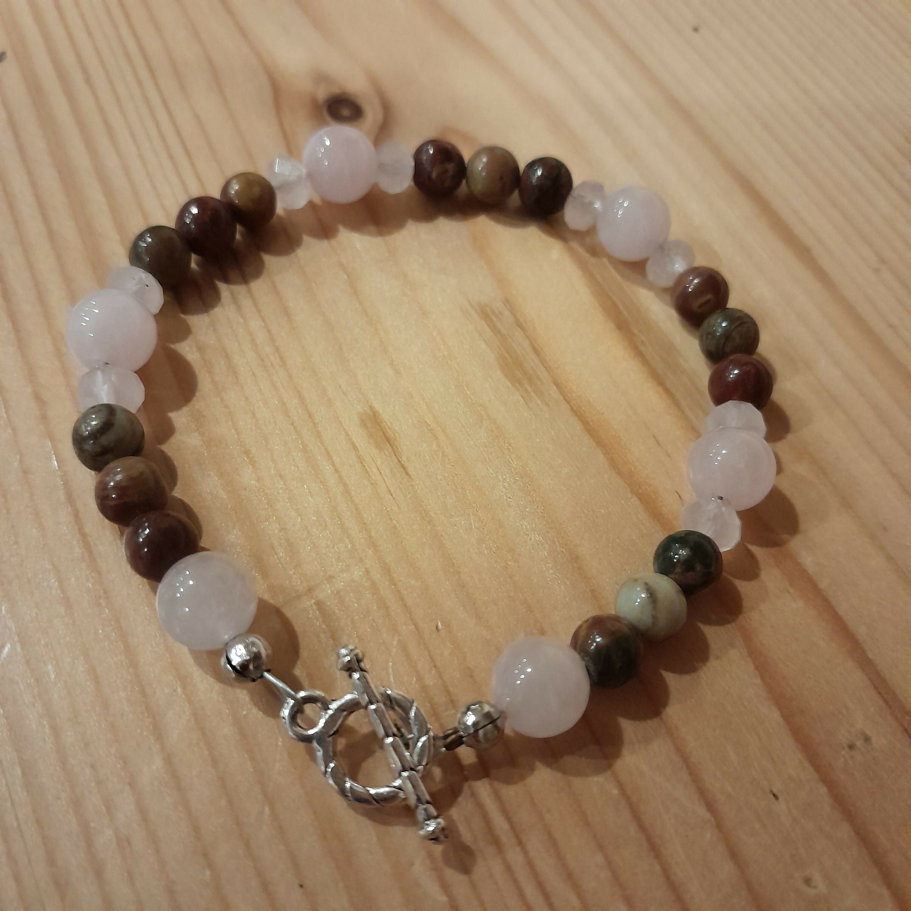 Tibetan Silver Toggle Catch Bracelet with Rose Quartz, Faceted Rose Quartz and Picasso Jasper.