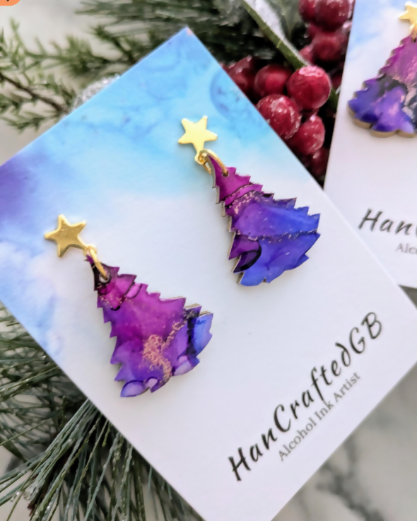 Galaxy Christmas Tree Gold Earrings, Alcohol Ink Art