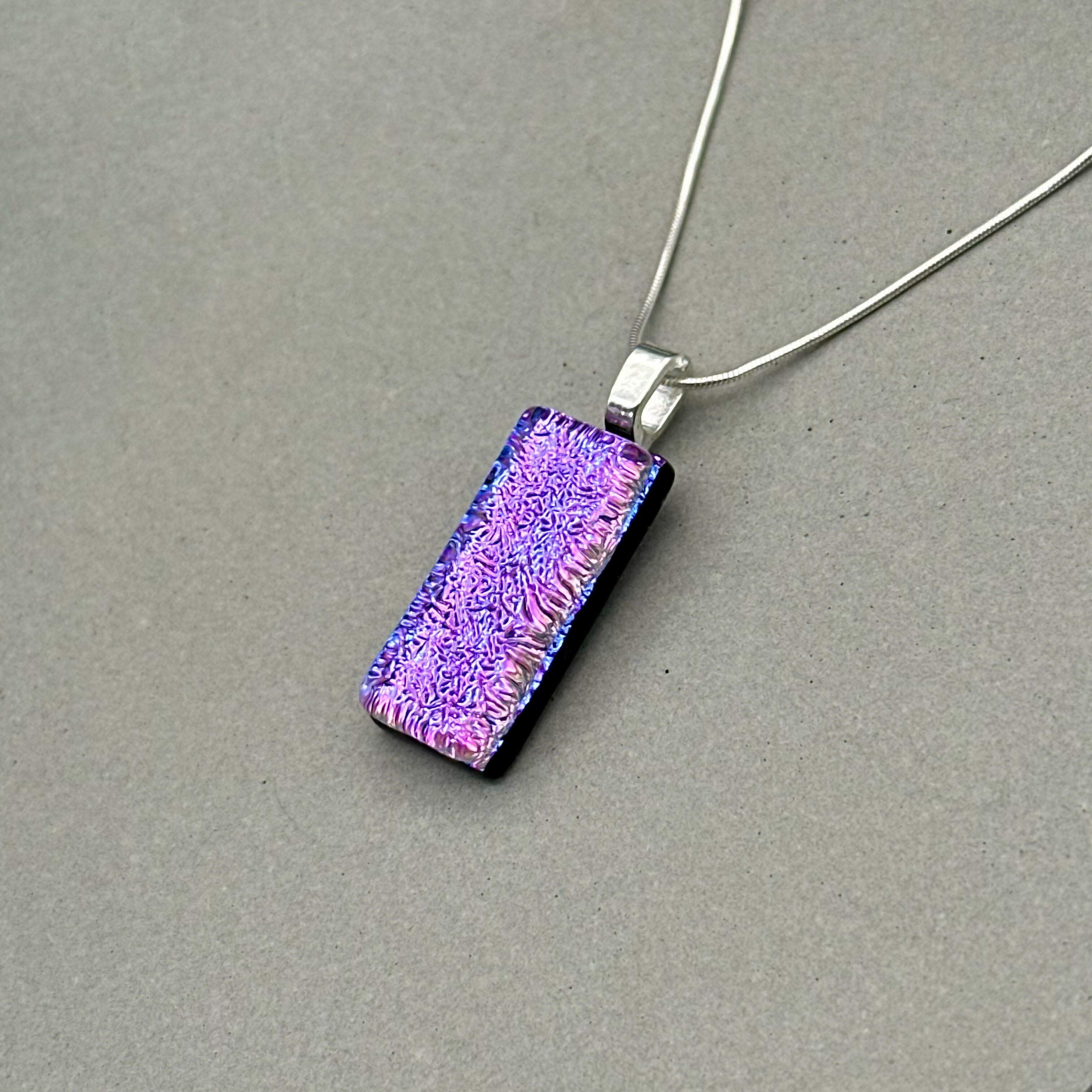 Purple & Pink Crackle Dichroic Fused Glass Pendant with Silver Plated Chain - Handmade by Jade Tapson Glass.