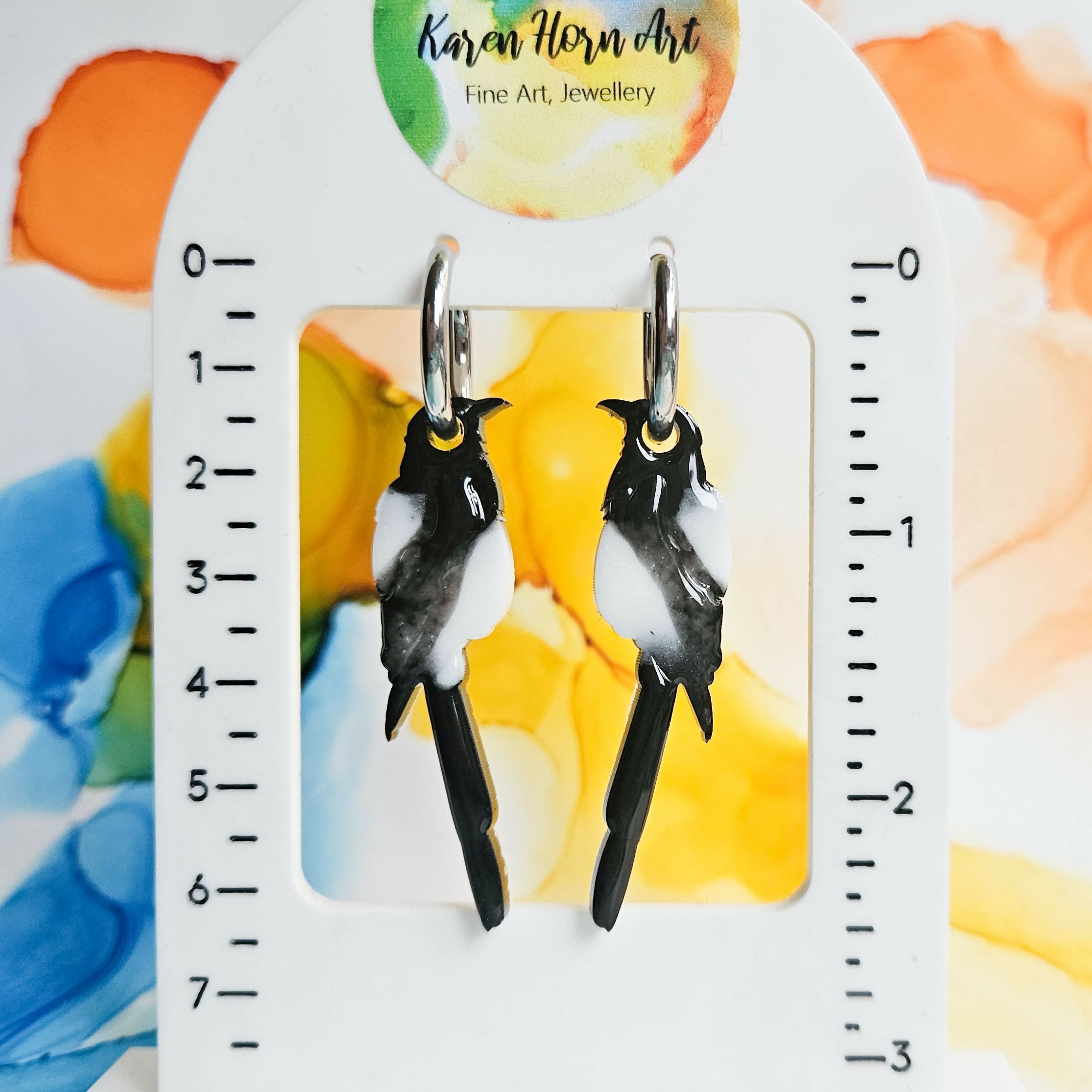 Handmade Magpie Birds Resin Charms On Chunky Hoops
