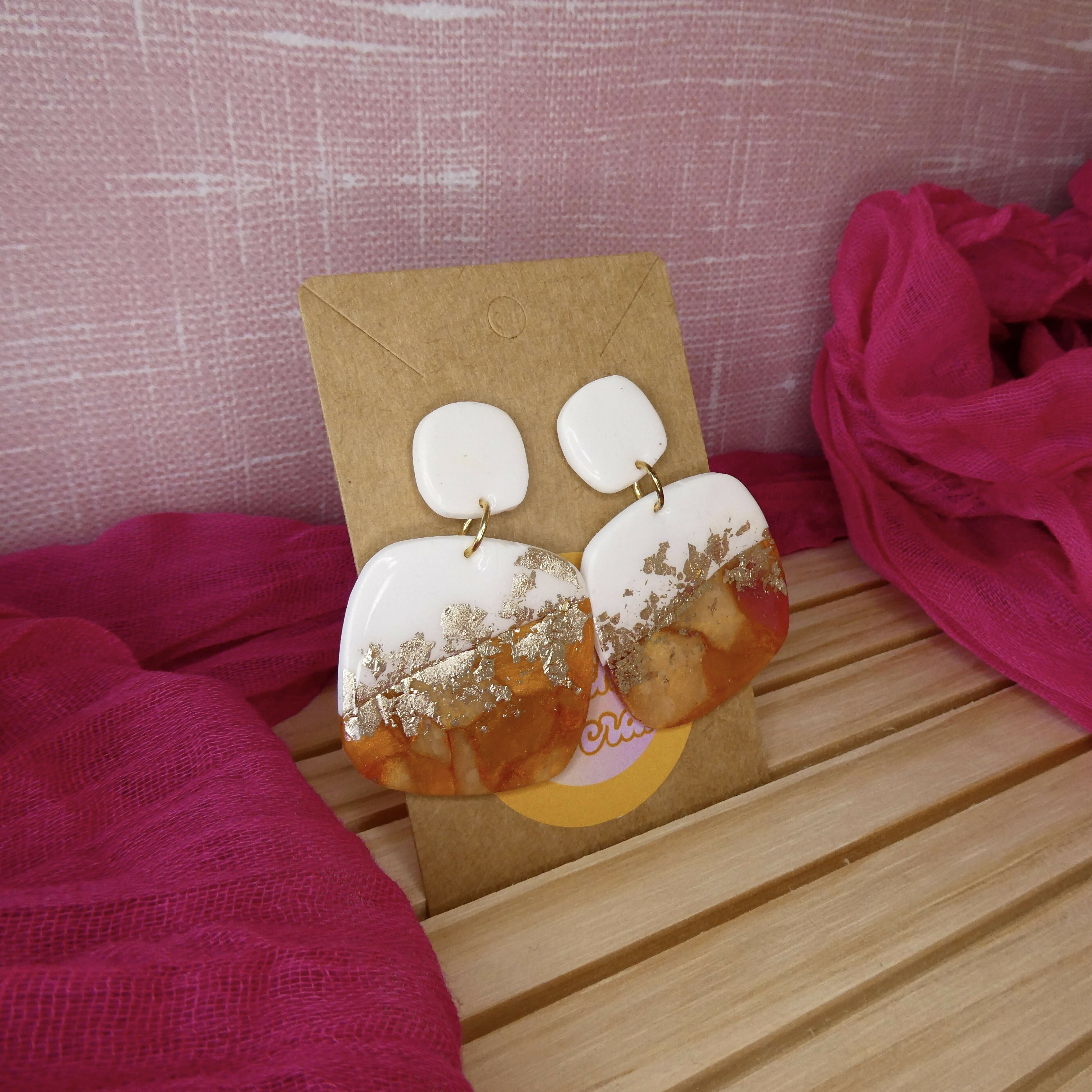 Orange, White And Gold Square Polymer Clay Earrings